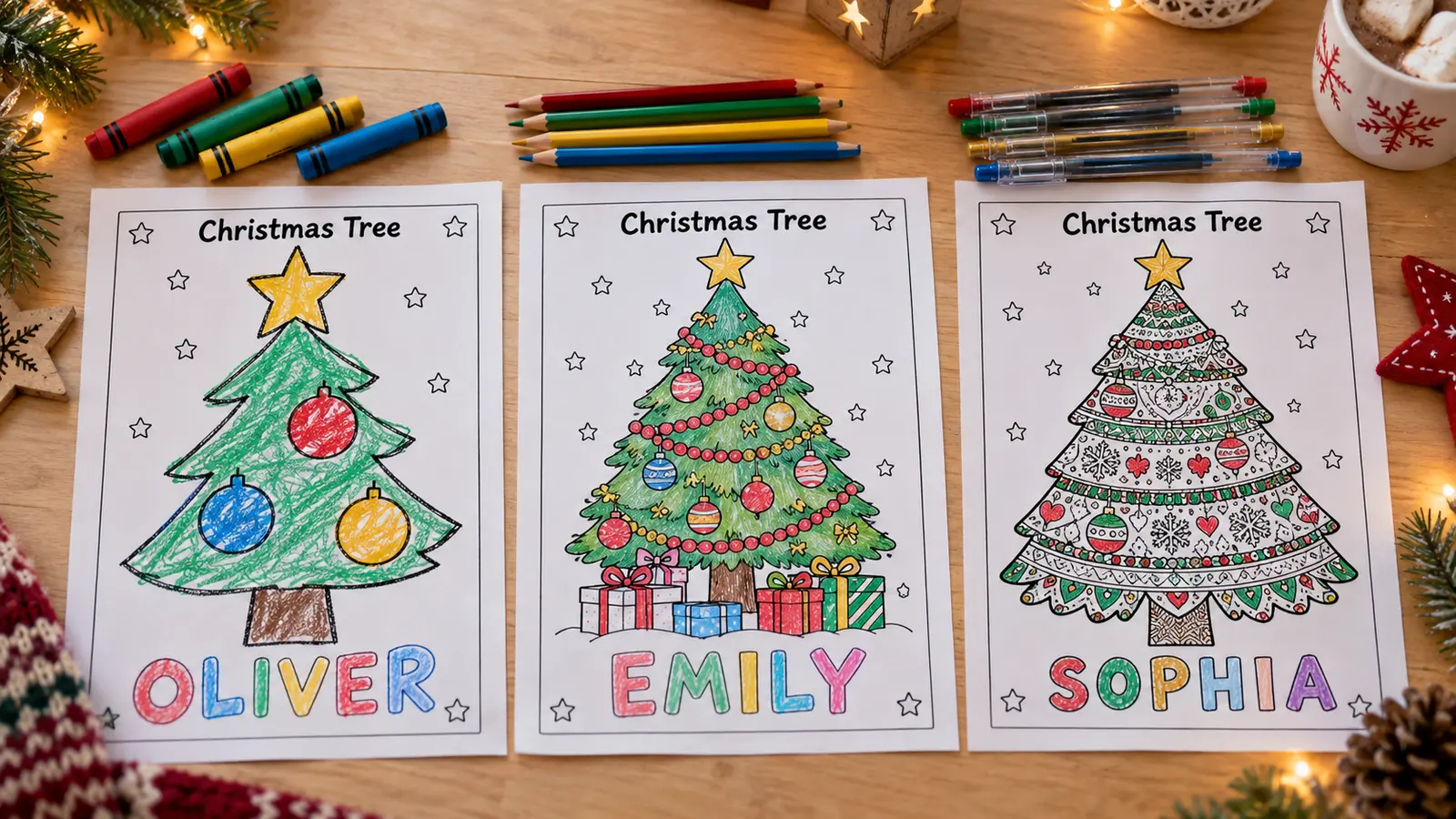 The same Christmas tree drawing printed as an easy toddler coloring page, a kids page and a detailed Christmas coloring page for adults