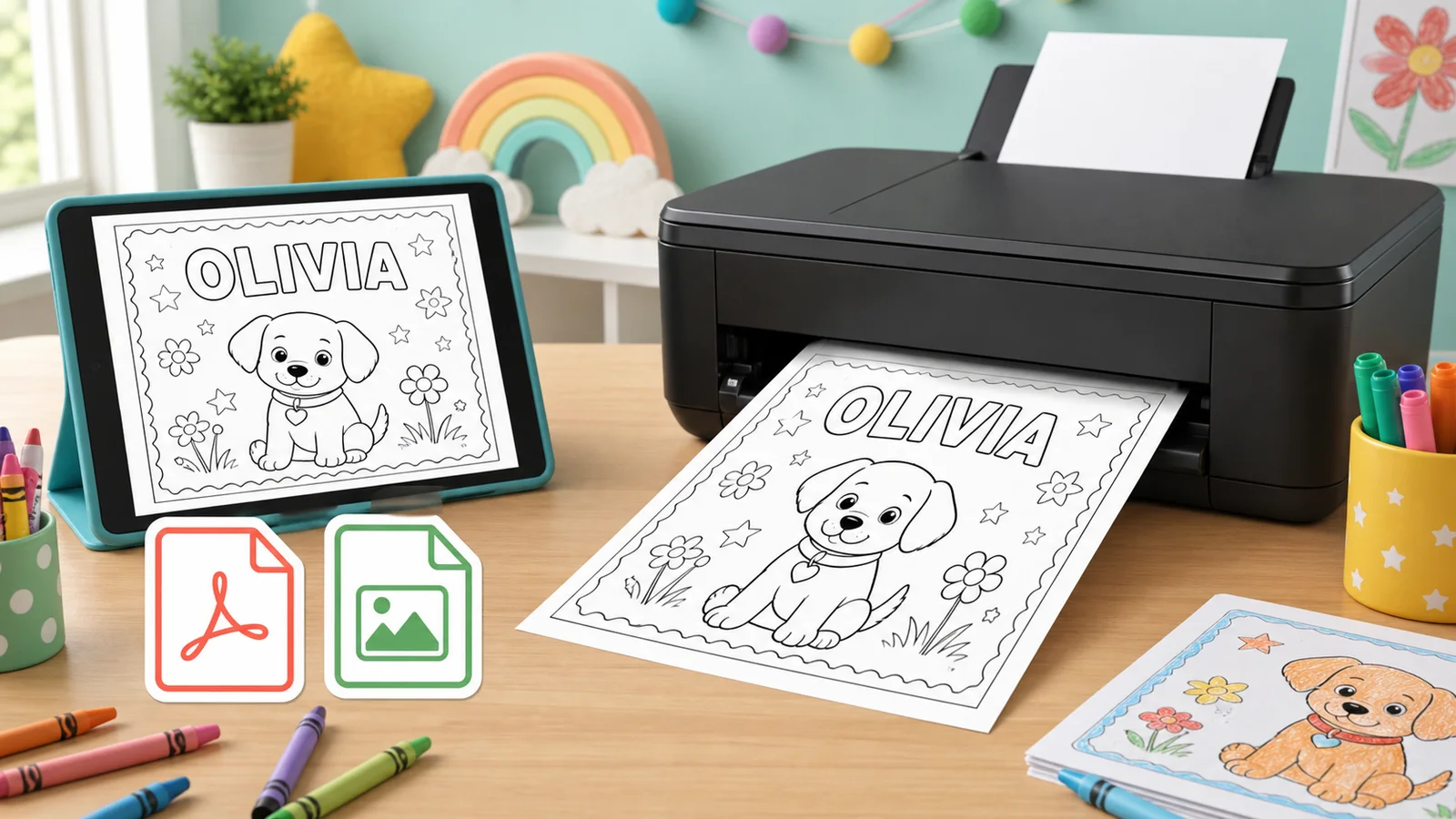 Coloring Page Generator preview matching printed page with PDF and PNG download options