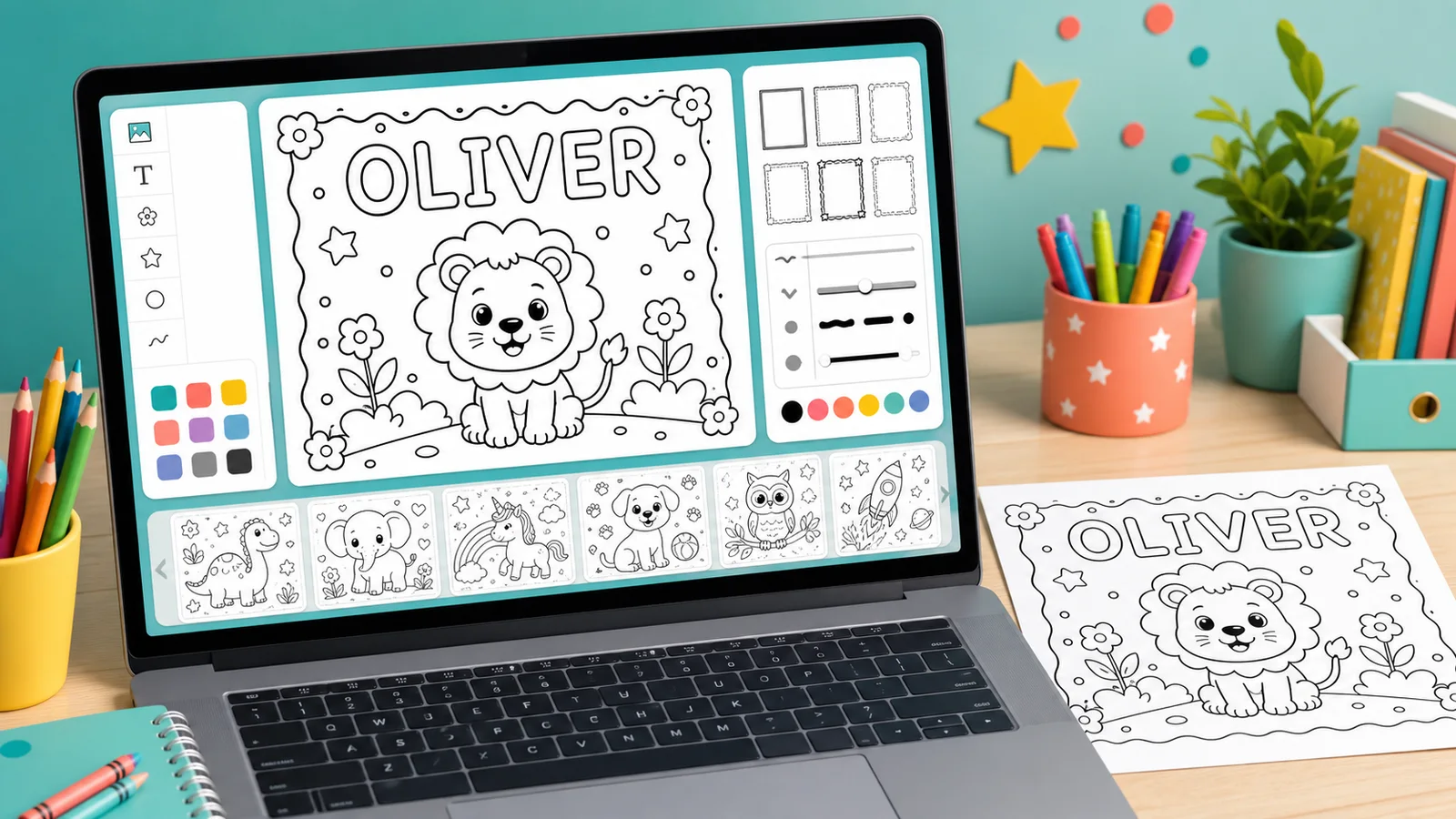 Coloring Page Generator browser preview with editable template controls and outline text