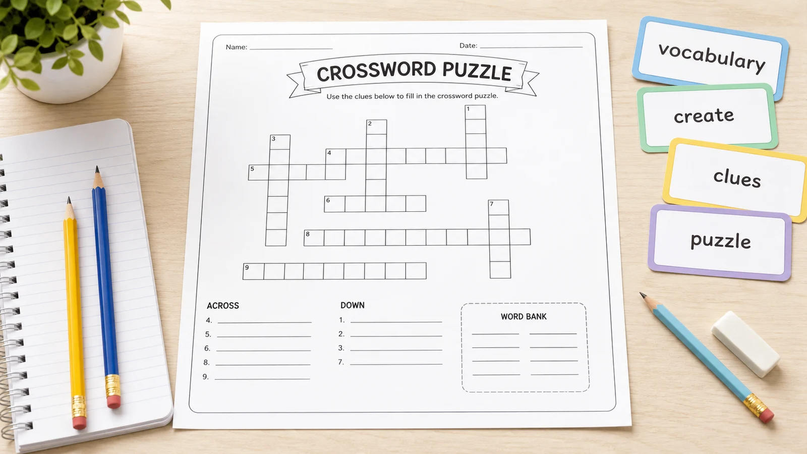 Crossword Puzzle Maker classroom worksheet with blank grid, clues, and word bank
