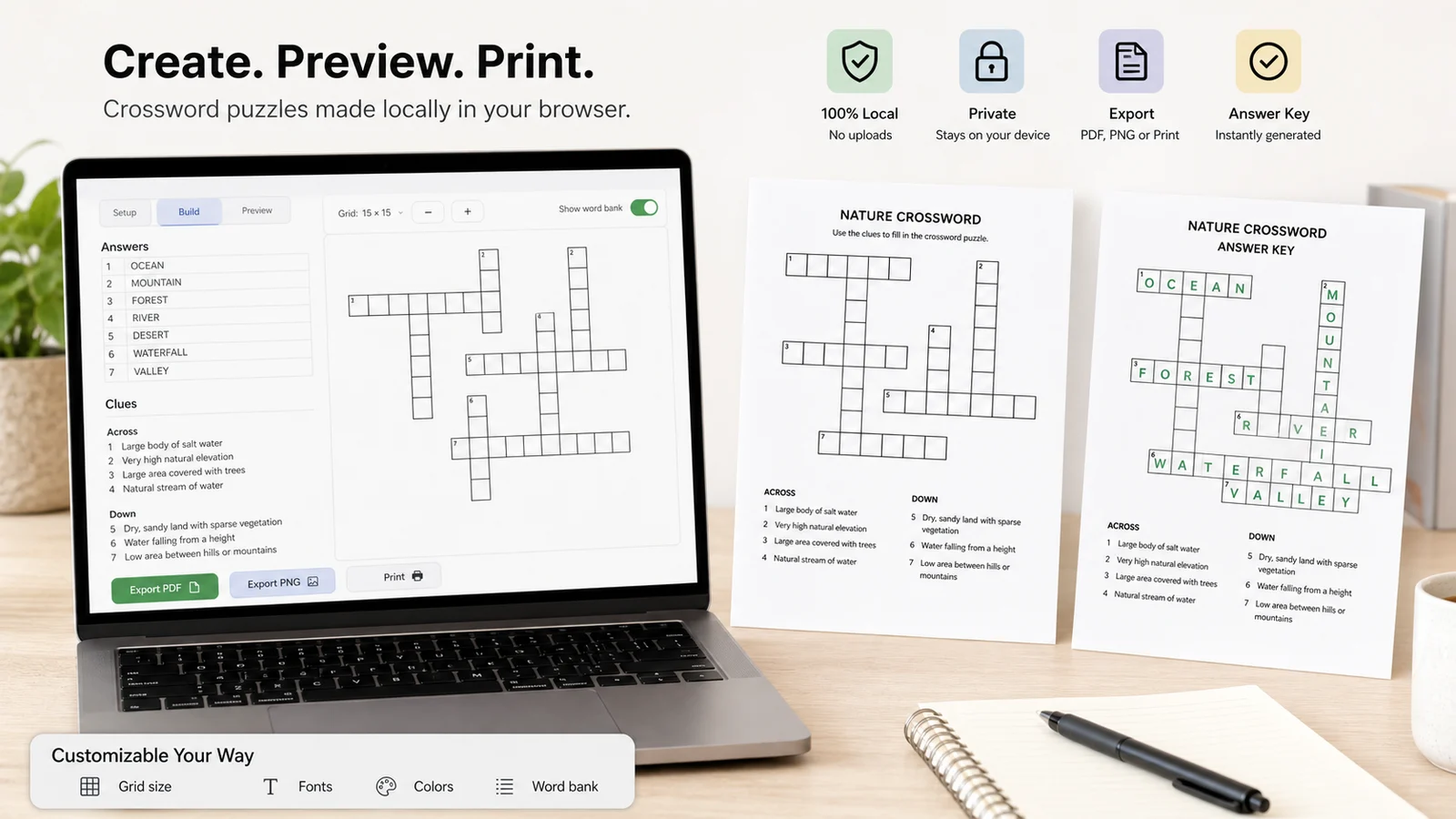 Crossword Puzzle Maker preview beside printed puzzle page and answer key