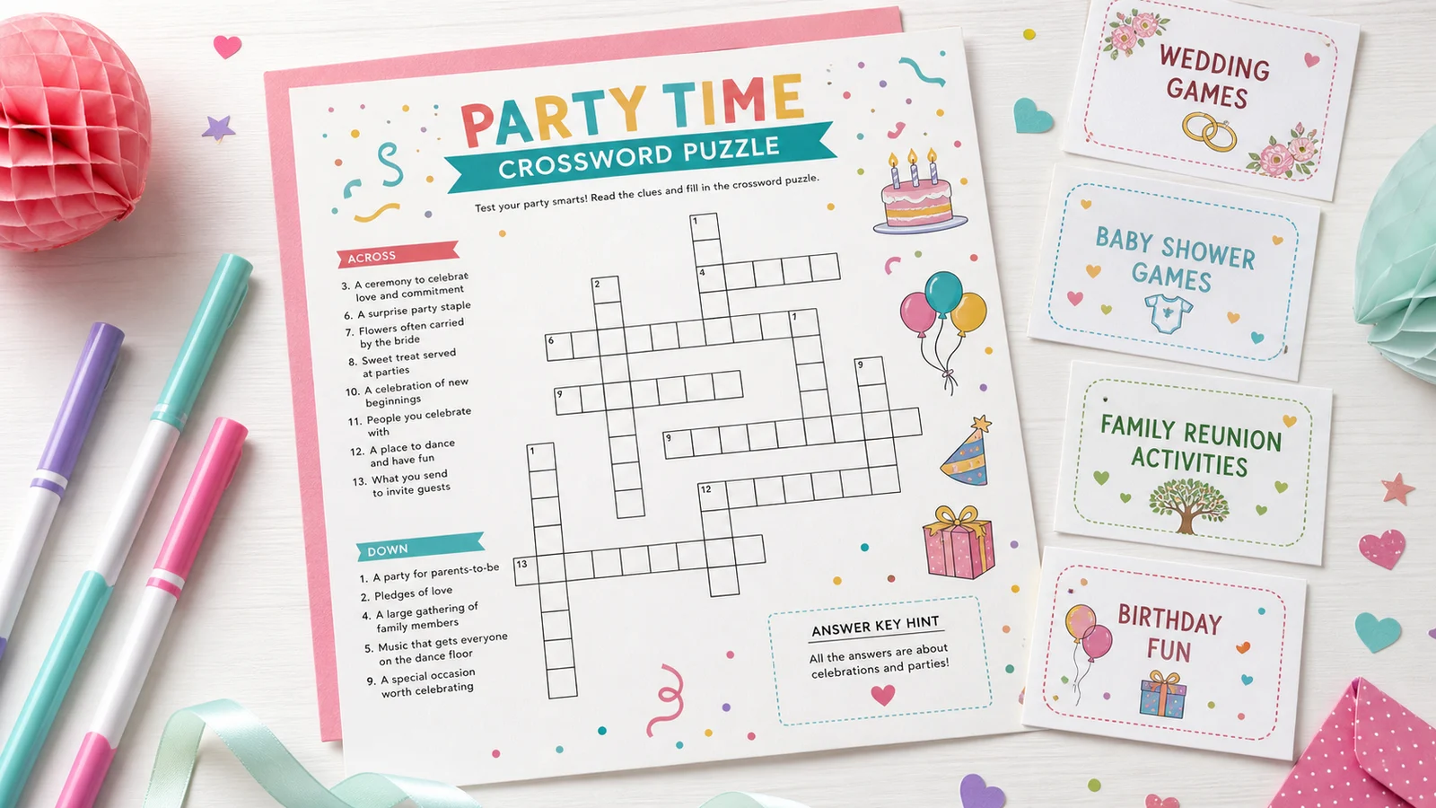 Crossword Puzzle Maker party worksheet with colorful printable event game details