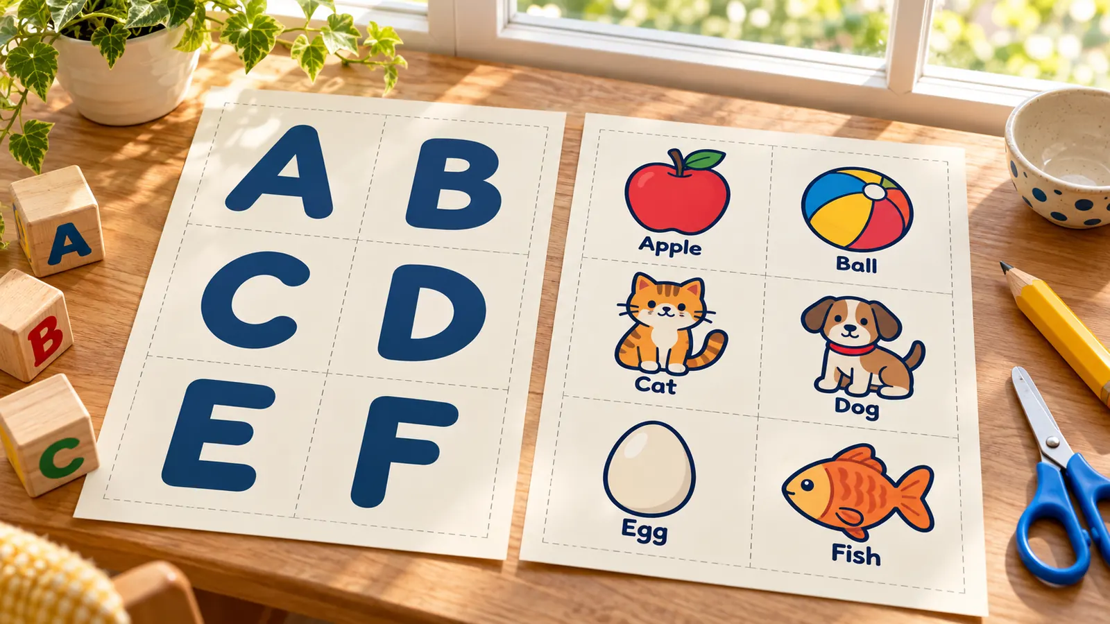 Doppelseitige ABC Karten zum Ausdrucken mit dem Buchstaben vorne und Bild mit Wort hinten
