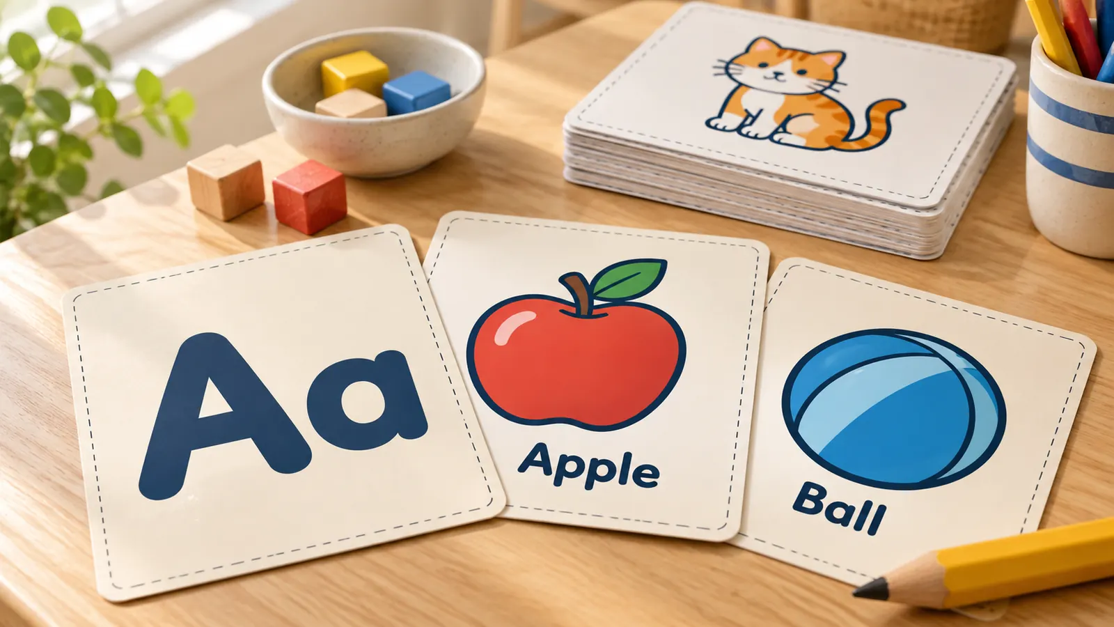 ABC Karten zum Ausdrucken mit einem Bild zu jedem Buchstaben: Karten mit Apfel, Ball und Clown auf einem Tisch