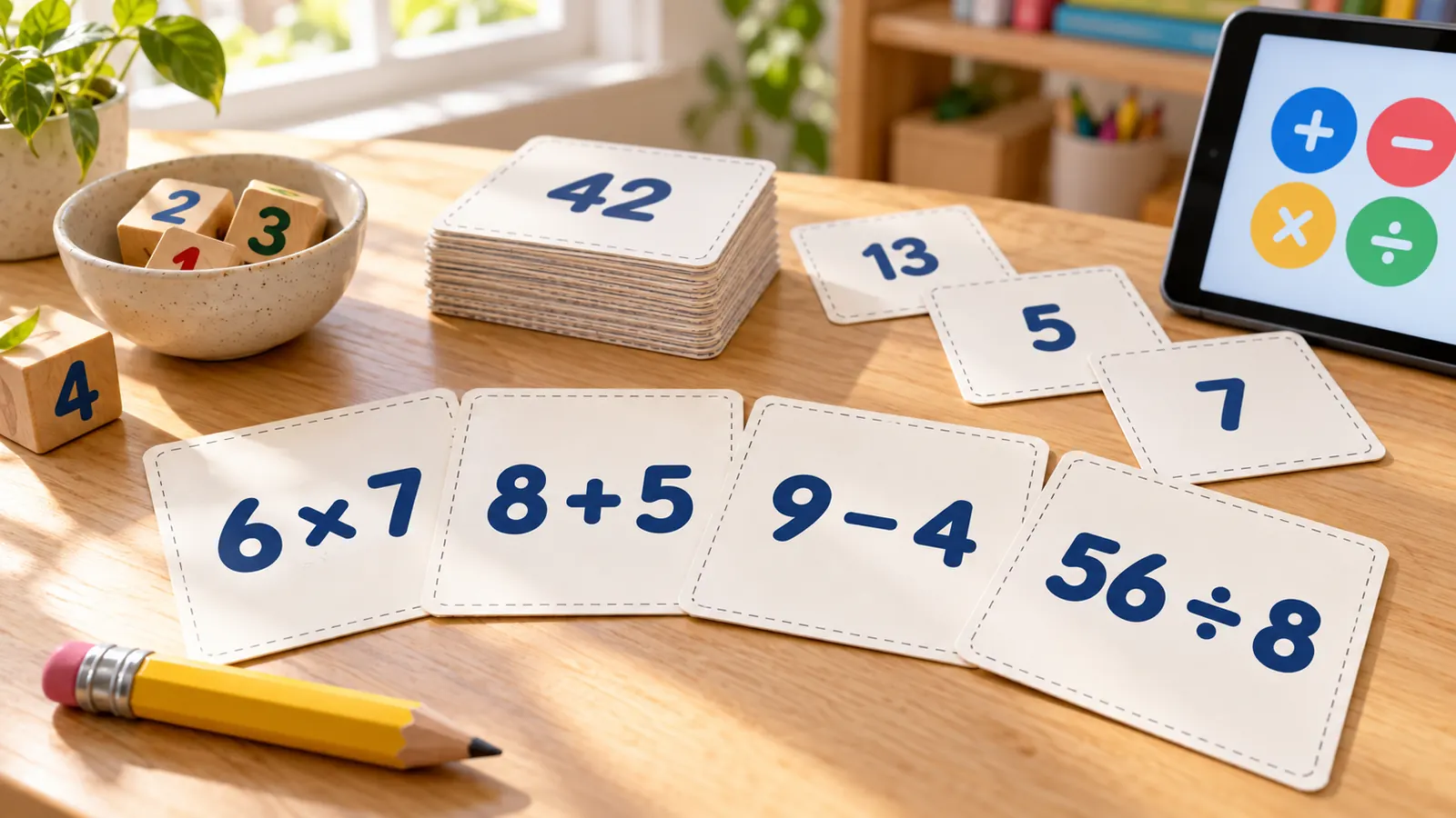 Einmaleins Karteikarten zum Ausdrucken und Plus-Karten fächerförmig auf einem Tisch, jede mit einer großen Aufgabe auf der Vorderseite