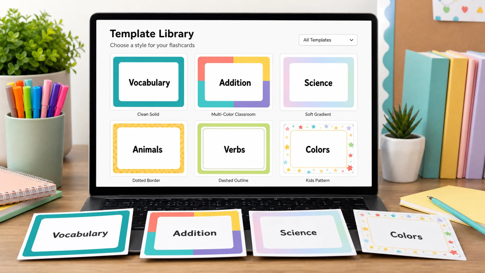 Flashcard Maker showing printable front and back flashcard previews with cut lines