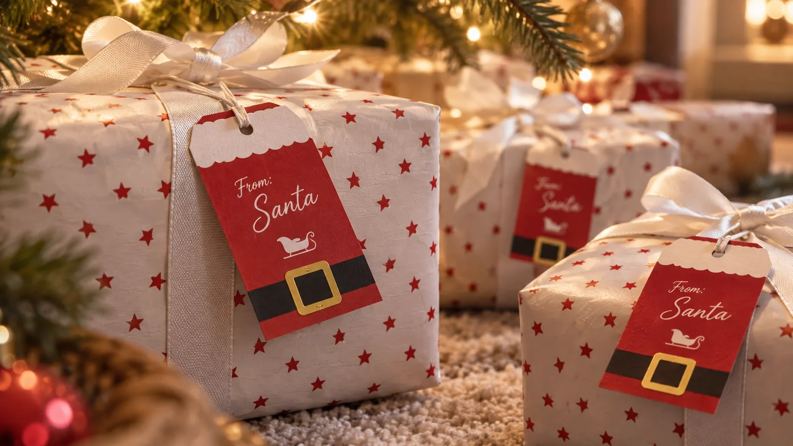 Printable Christmas gift tags that say From Santa tied to presents under a Christmas tree