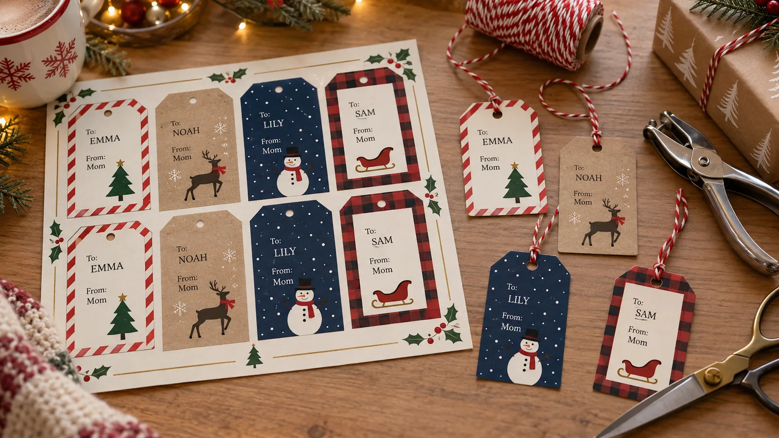A sheet of printable Christmas gift tags with a different child's name on each tag, next to scissors and red twine