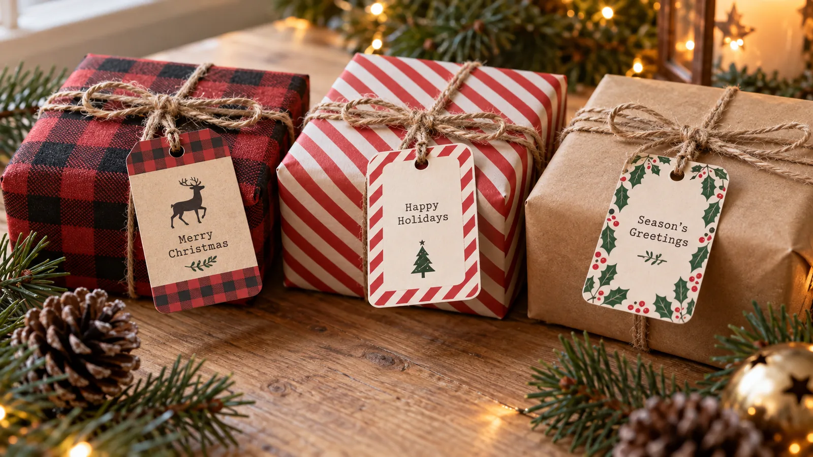 Buffalo plaid and candy cane printable Christmas gift tags tied with twine to presents in matching wrapping paper