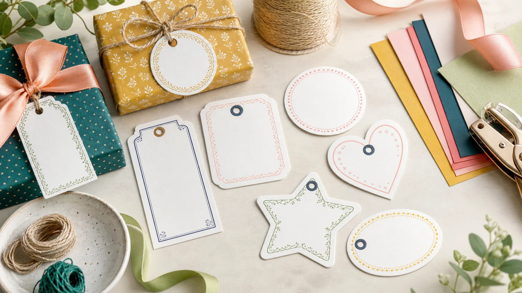 Six printable gift tag shapes: rectangle, rounded, circle, heart, star, oval
