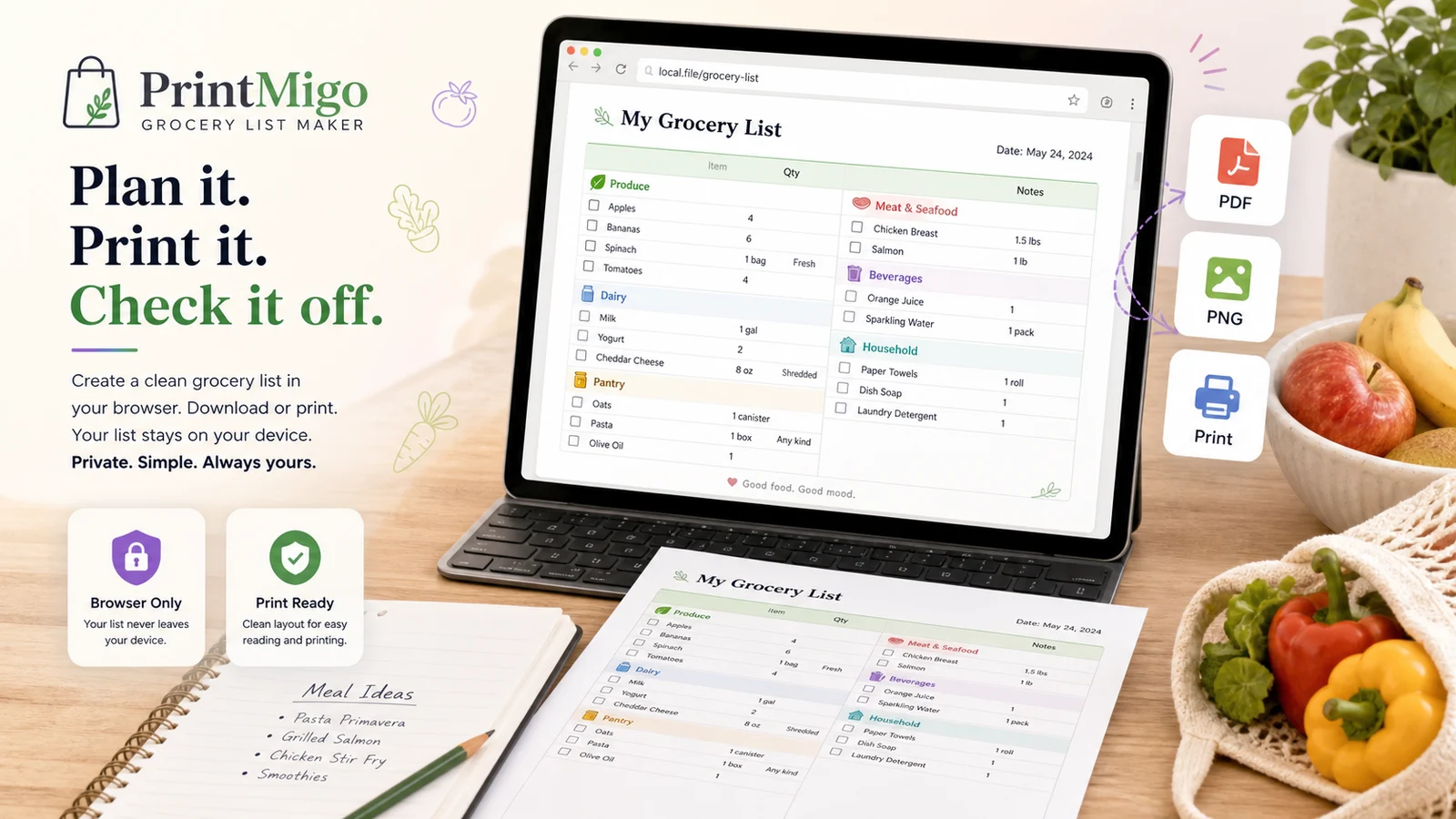Grocery List Maker browser preview with PDF PNG and print export options