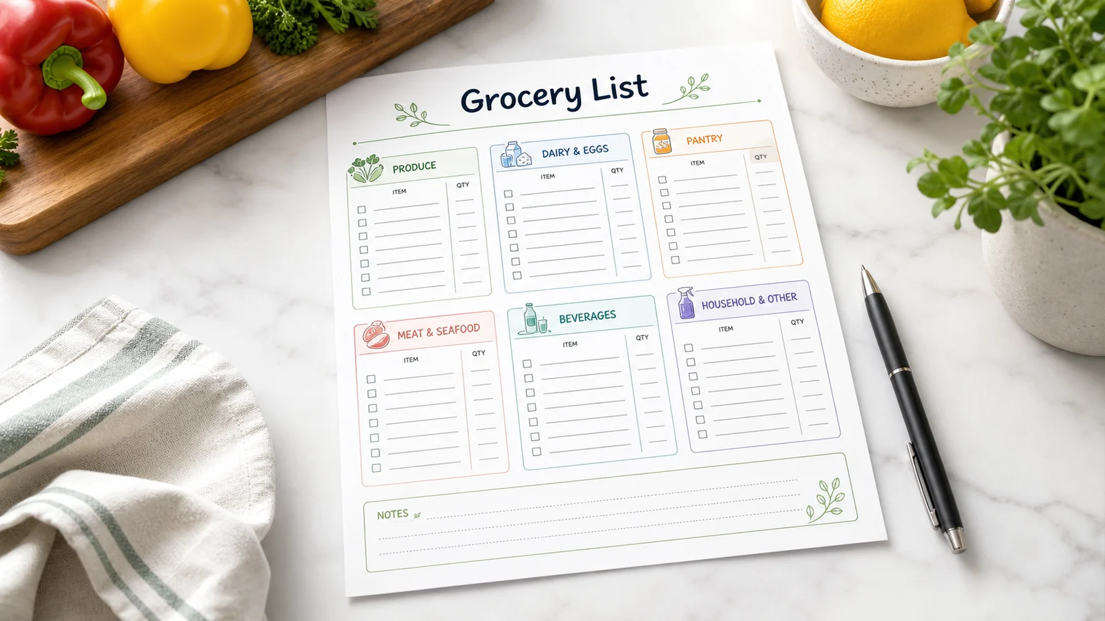 Grocery List Maker print-ready page organized by category on a kitchen counter