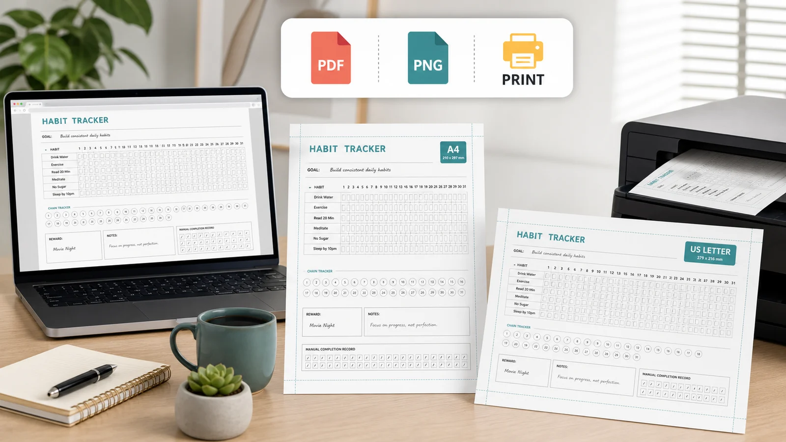 Habit Tracker Generator export scene showing PDF PNG Print options with A4 and US Letter printable pages