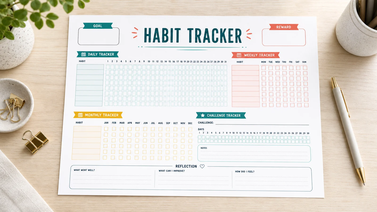 Habit Tracker Generator printable preview with habit list, grids, goal, reward, notes, and reflection sections