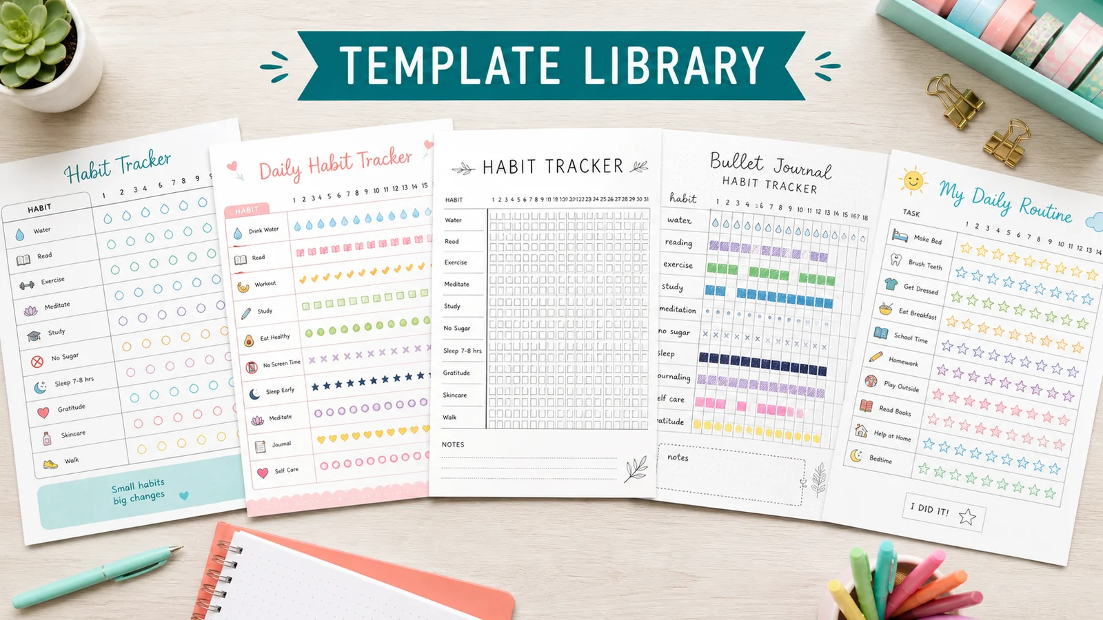 Habit Tracker Generator template library with minimalist, cute, colorful, low-ink, and bullet journal printable sheets