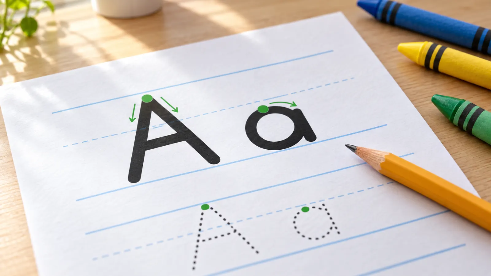Blatt zum Buchstaben nachspuren mit dem Buchstaben A: schwarze Vorlage, grüne Startpunkte und Pfeile über gepunkteten Buchstaben