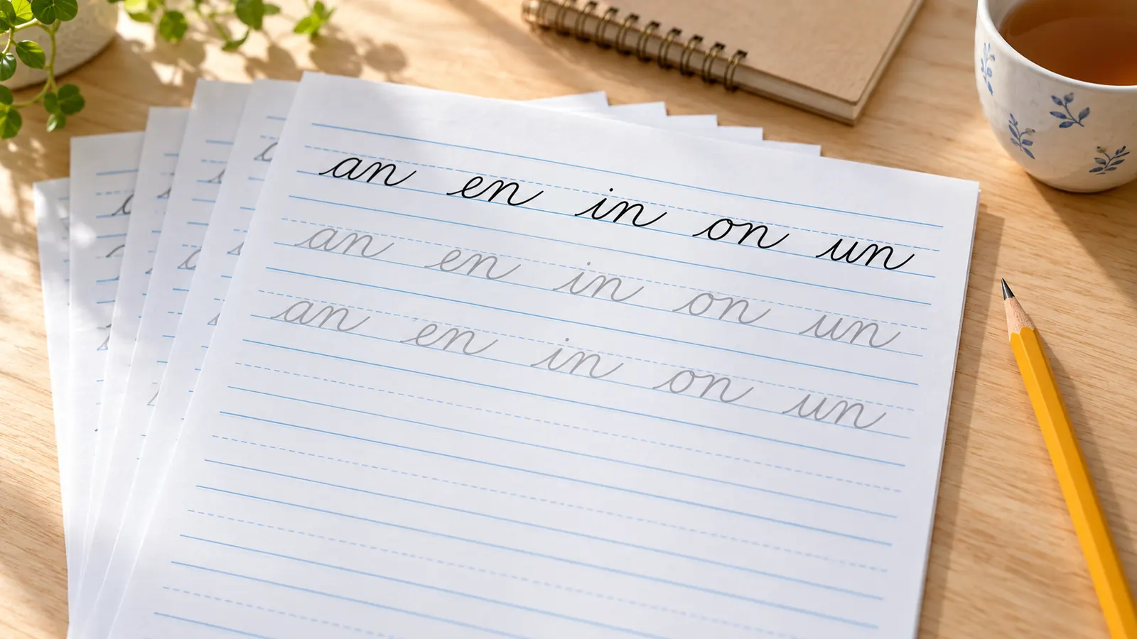 Schreibschrift Übungsblätter für Verbindungen mit den Buchstabenpaaren an en in on un auf Vierlinien-Papier