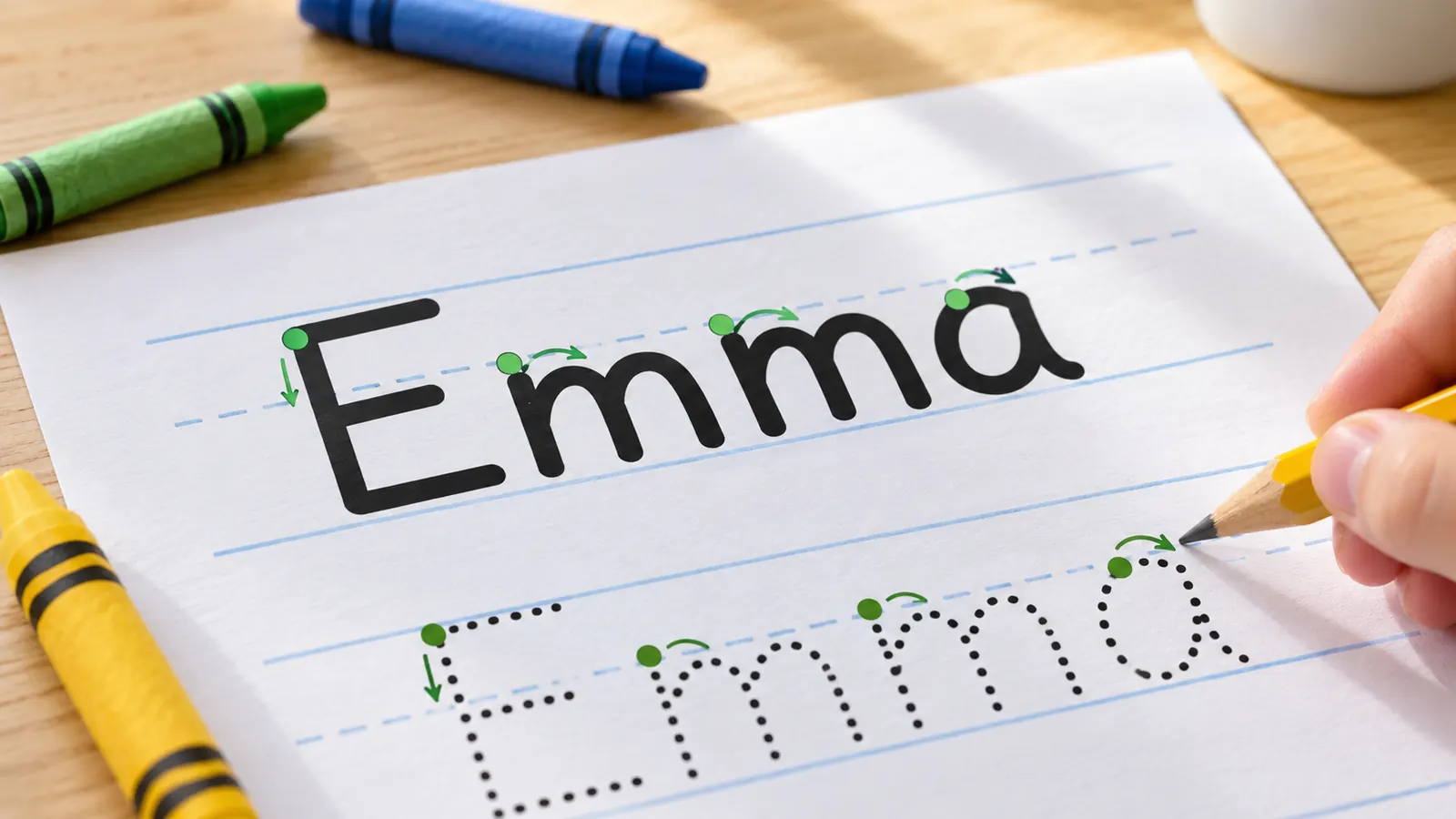 Namen schreiben lernen: Vorlage mit schwarzem Namen, grünen Startpunkten und Pfeilen über gepunkteten Buchstaben