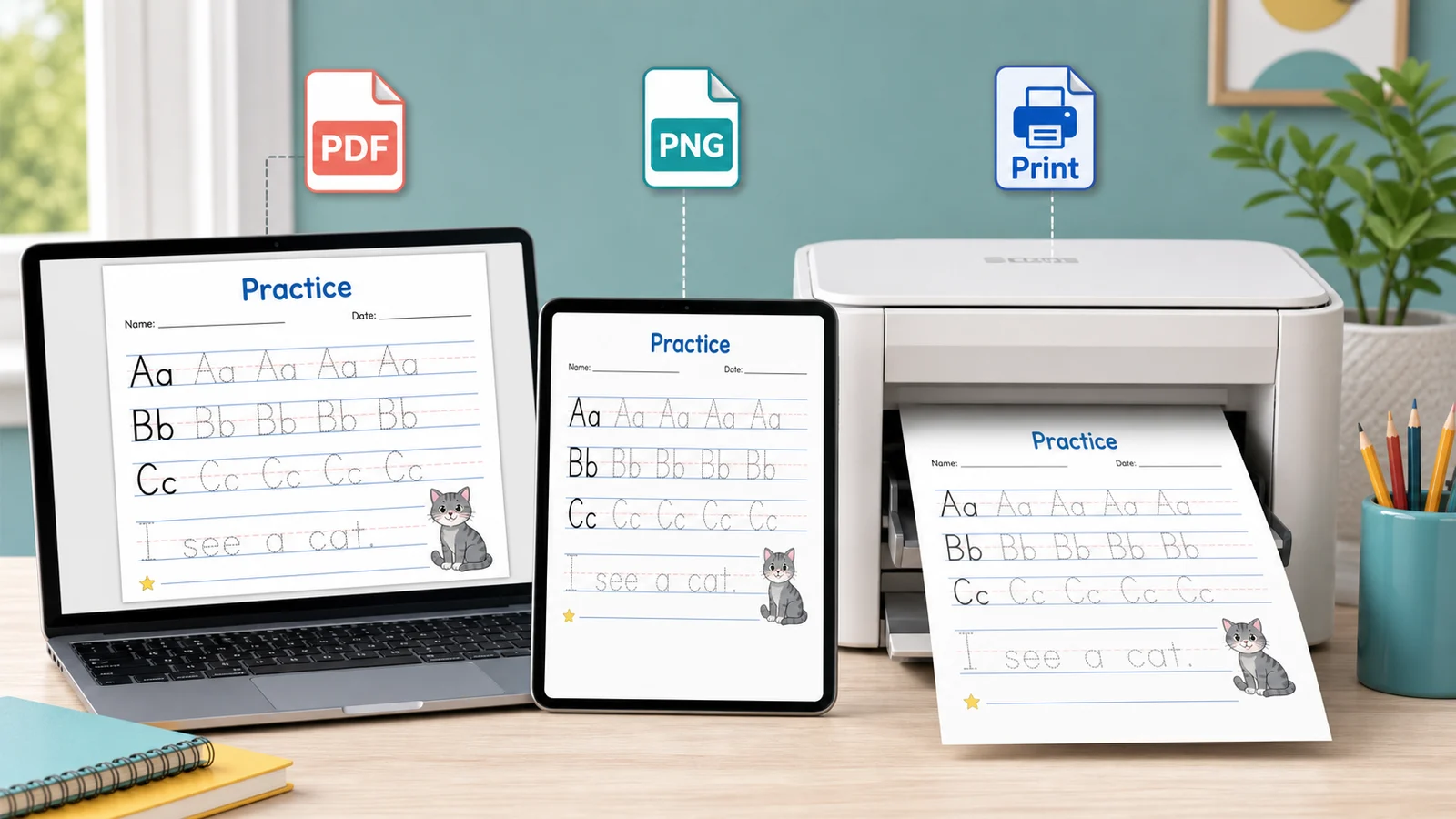 Printable output from the Handwriting Practice Sheet Generator