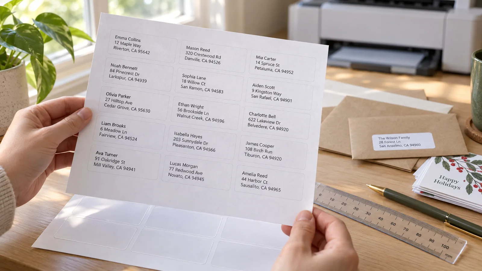 Probedruck der Adressetiketten auf Normalpapier, über einen Etikettenbogen gehalten, um die Ausrichtung zu prüfen