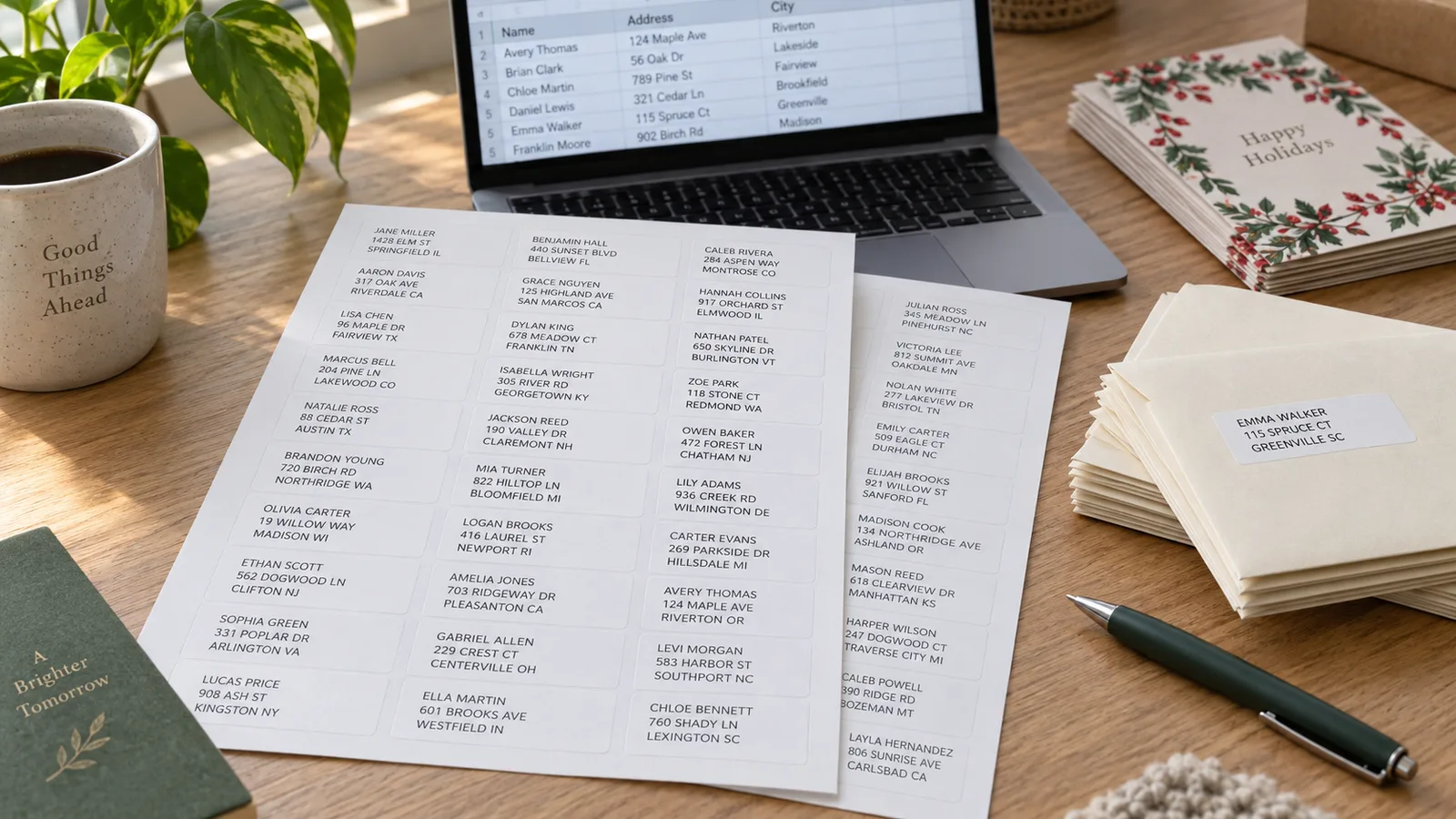 Bogen gedruckter Adressetiketten mit einer anderen Anschrift auf jedem Etikett, daneben ein Laptop mit einer Tabelle