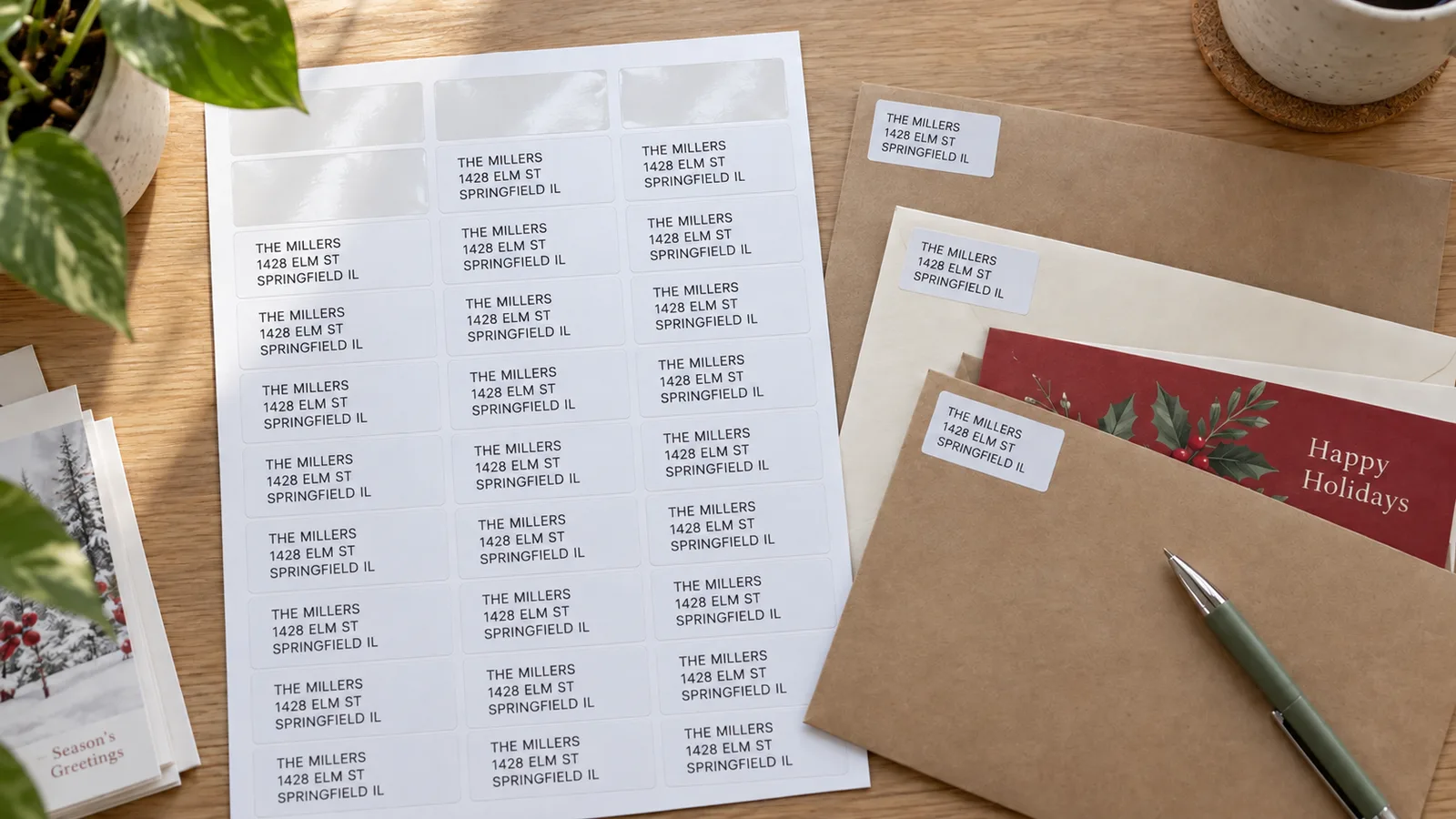Voller Bogen Absenderetiketten, einige abgezogen und auf Briefumschläge geklebt