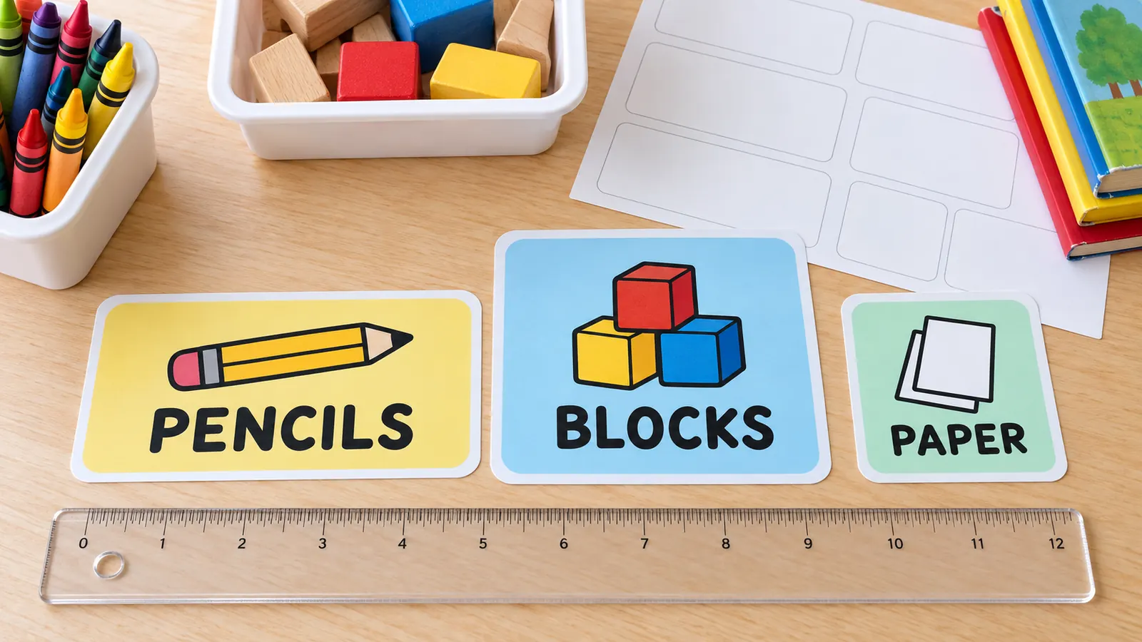 Große Klassenzimmer Etiketten in drei Größen für Materialkisten, Spielzeugkisten und Schubladen neben einem Lineal