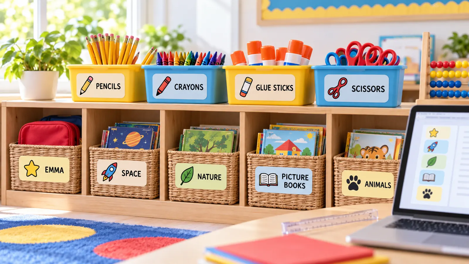 Bearbeitbare Klassenzimmer Etiketten für Fächer, Bücherkisten und Ecken in einem Klassenzimmerregal