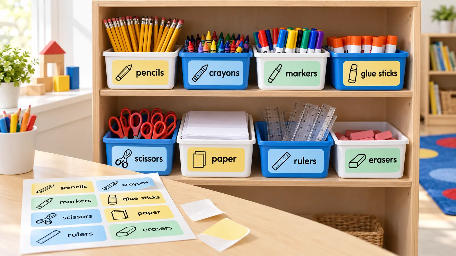 Klassenzimmer Etiketten mit Piktogrammen auf Materialkisten aus Kunststoff, beschriftet für Buntstifte, Wachsmalstifte, Kleber und Scheren