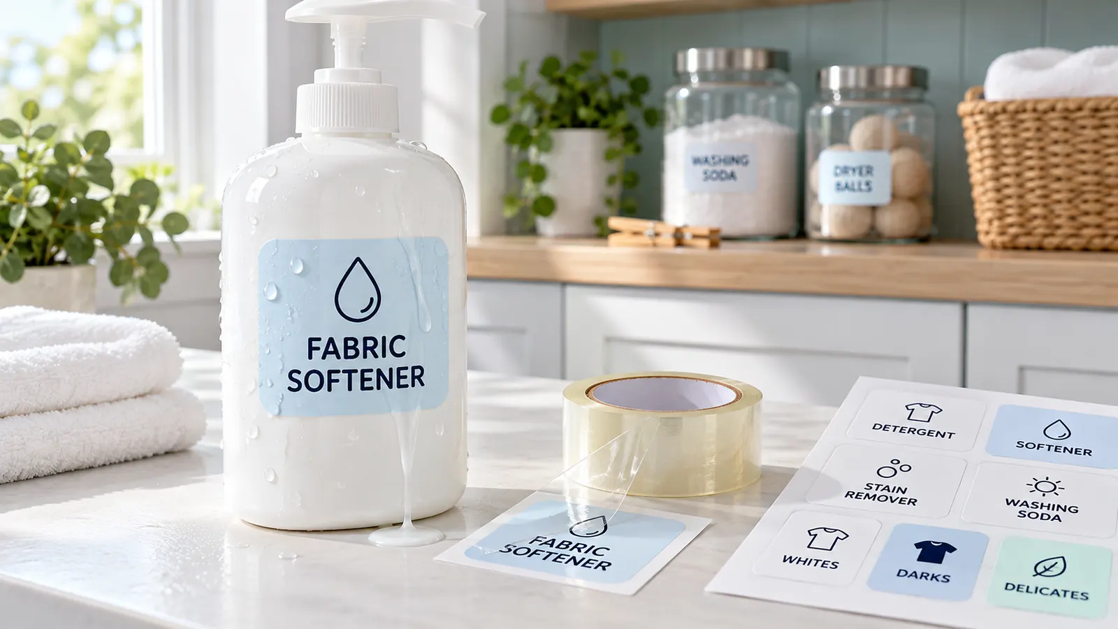 Wasserfeste Waschmittel Etiketten auf einer Waschmittelflasche, Wassertropfen laufen vom klaren Aufkleber ab
