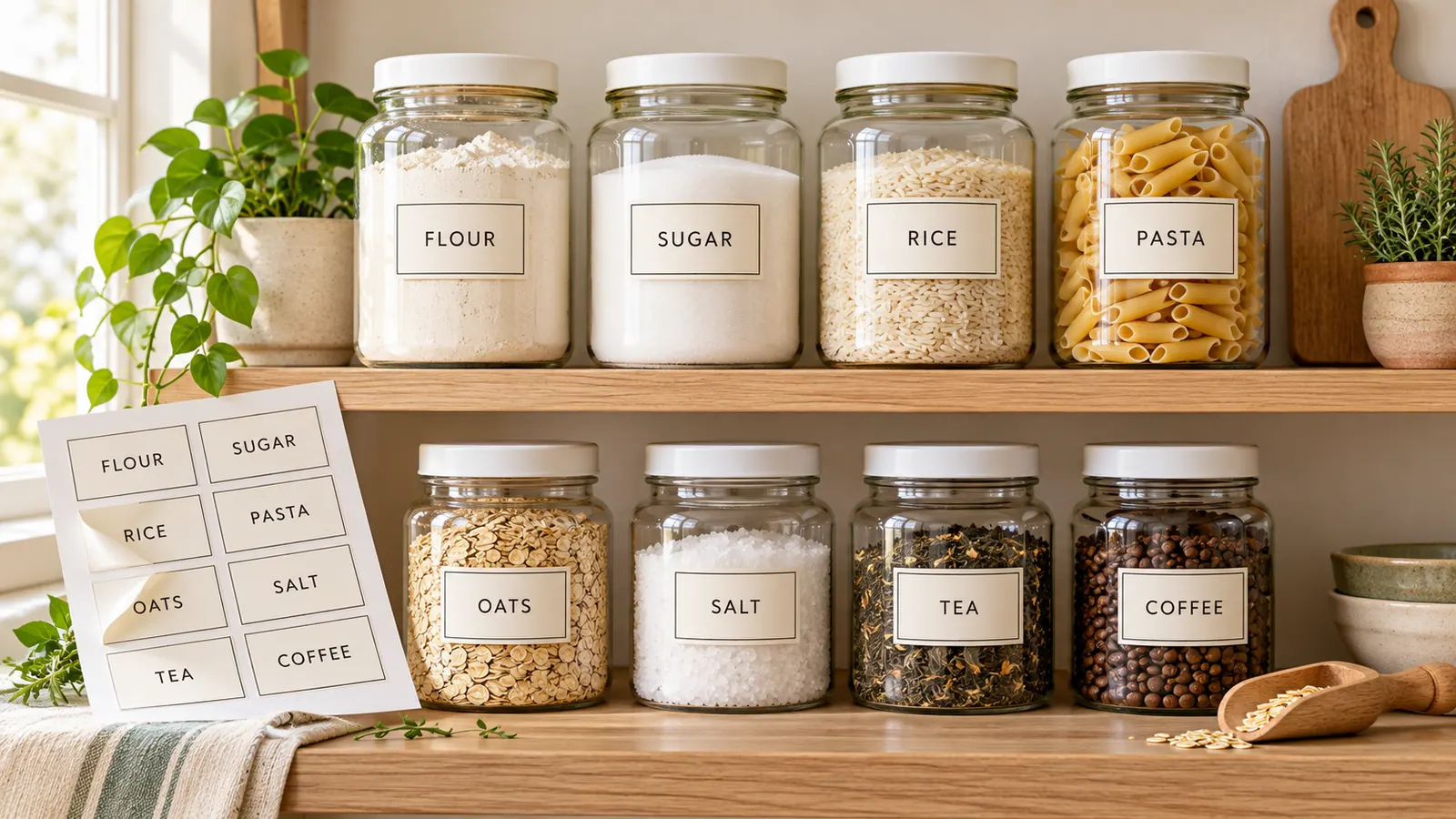 Etiketten für Vorratsgläser im minimalen Stil auf Gläsern mit Mehl, Zucker, Reis und Nudeln im Küchenregal