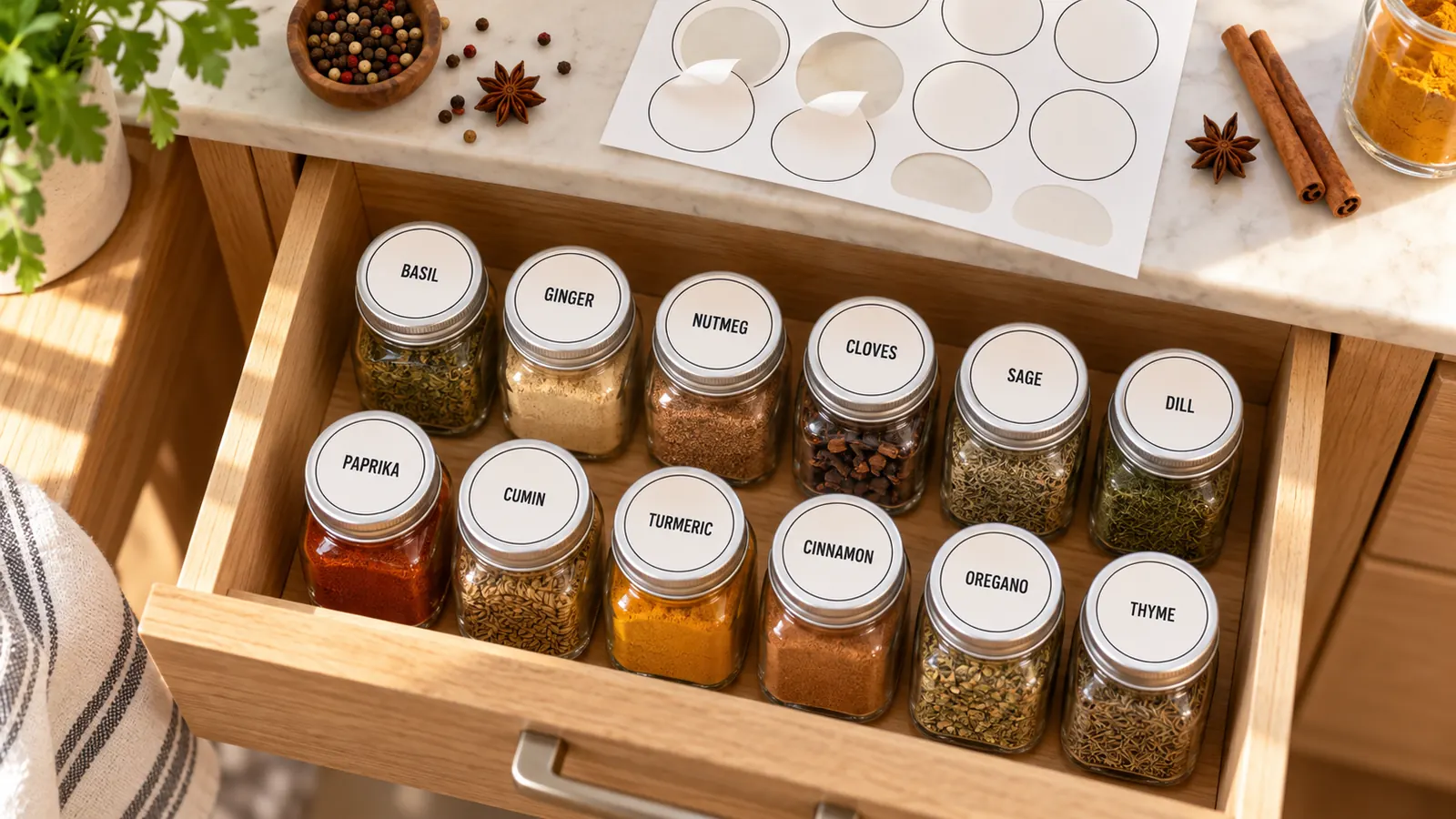 Gewürzetiketten zum Ausdrucken in Schwarz-Weiß auf runden Glasdeckeln in einer Gewürzschublade mit Paprika, Kreuzkümmel und Kurkuma