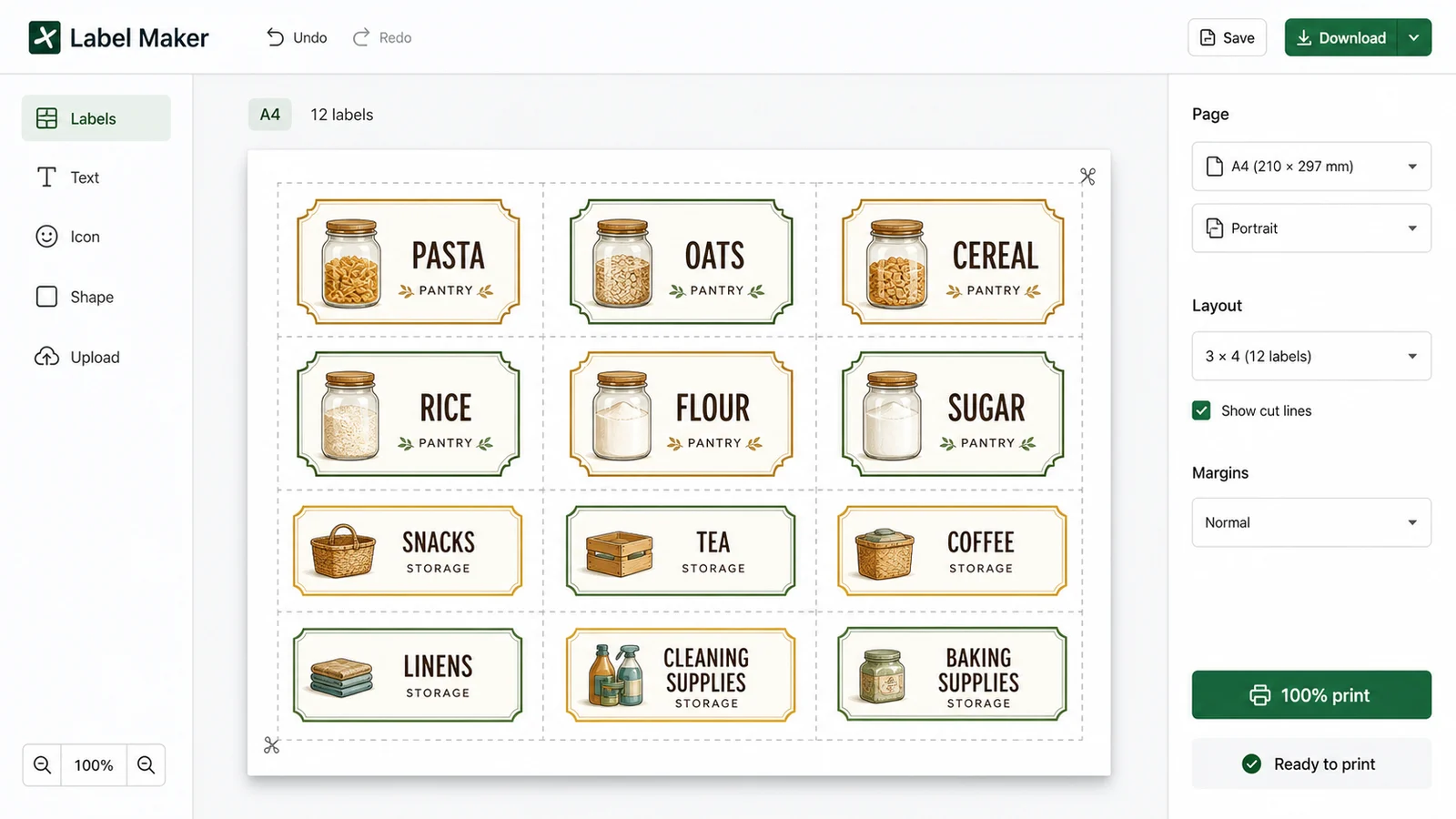 Label Maker full sheet preview with printable pantry and storage labels