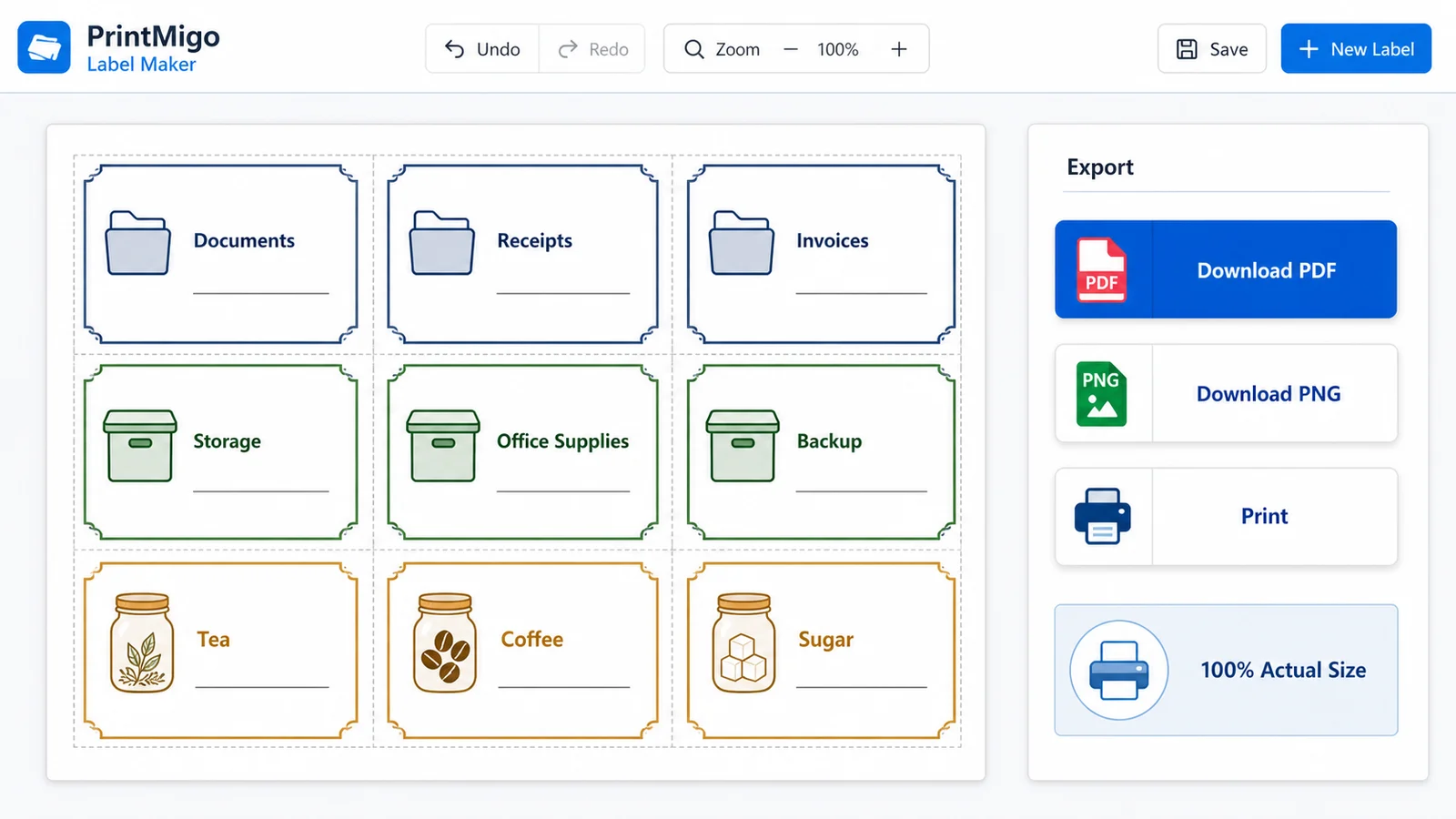 Label Maker export area showing PDF PNG and print options