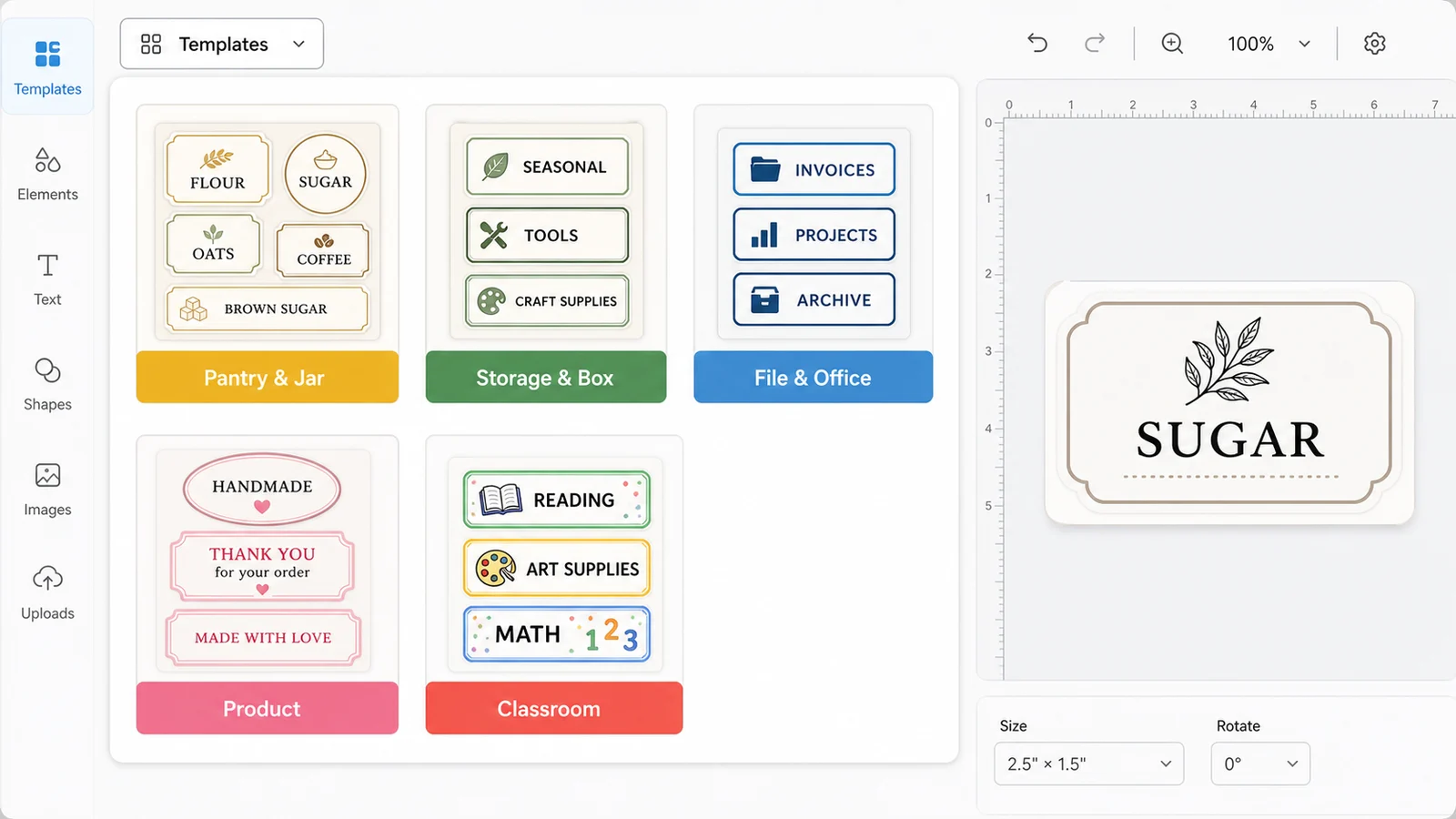 Label Maker template presets for jars boxes files products and classroom supplies