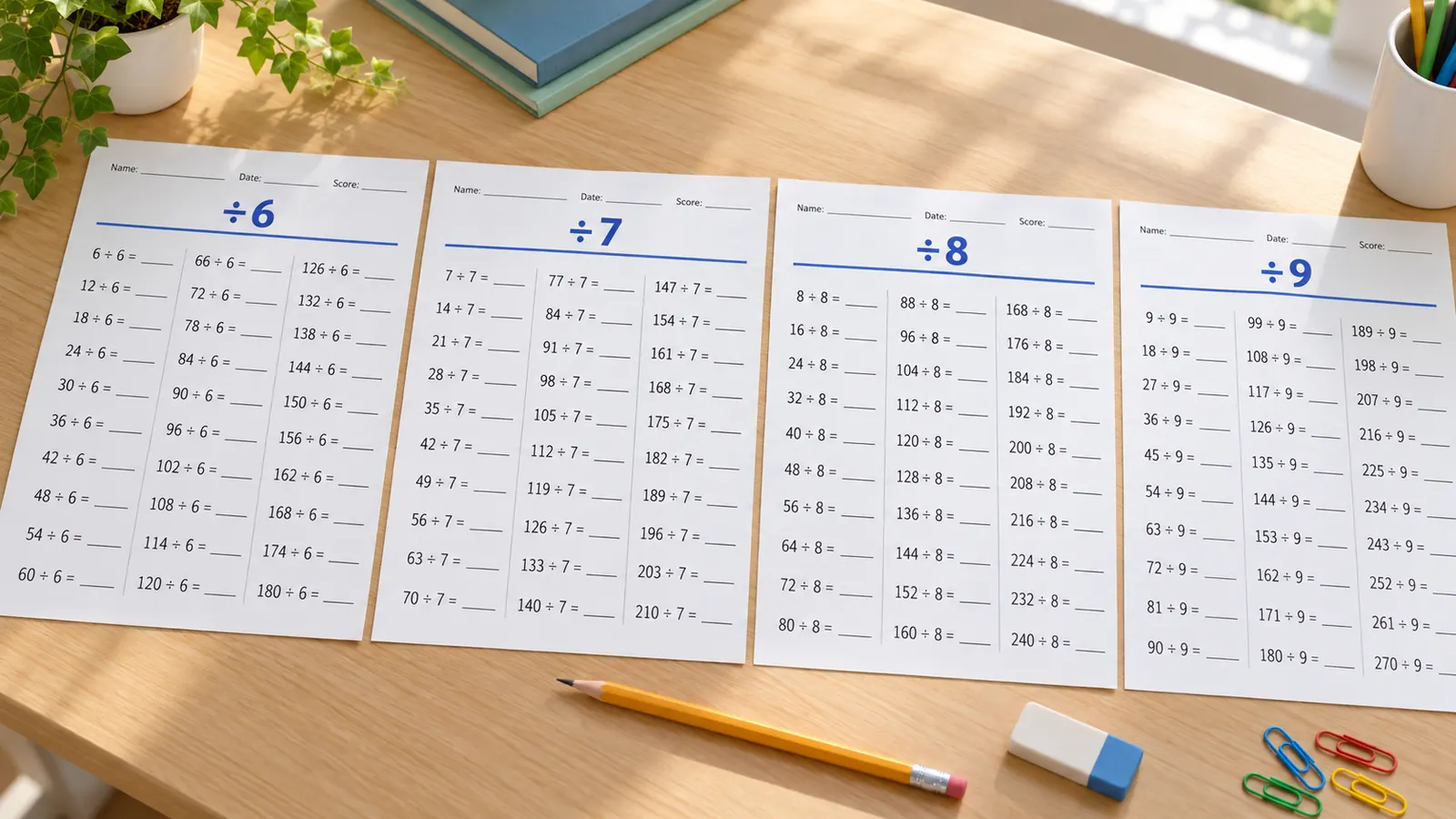Vier Division Arbeitsblätter gedruckt auf einem Schreibtisch, jedes nur für einen Teiler: ÷6, ÷7, ÷8 und ÷9 mit je 30 Geteilt-Aufgaben als Päckchen