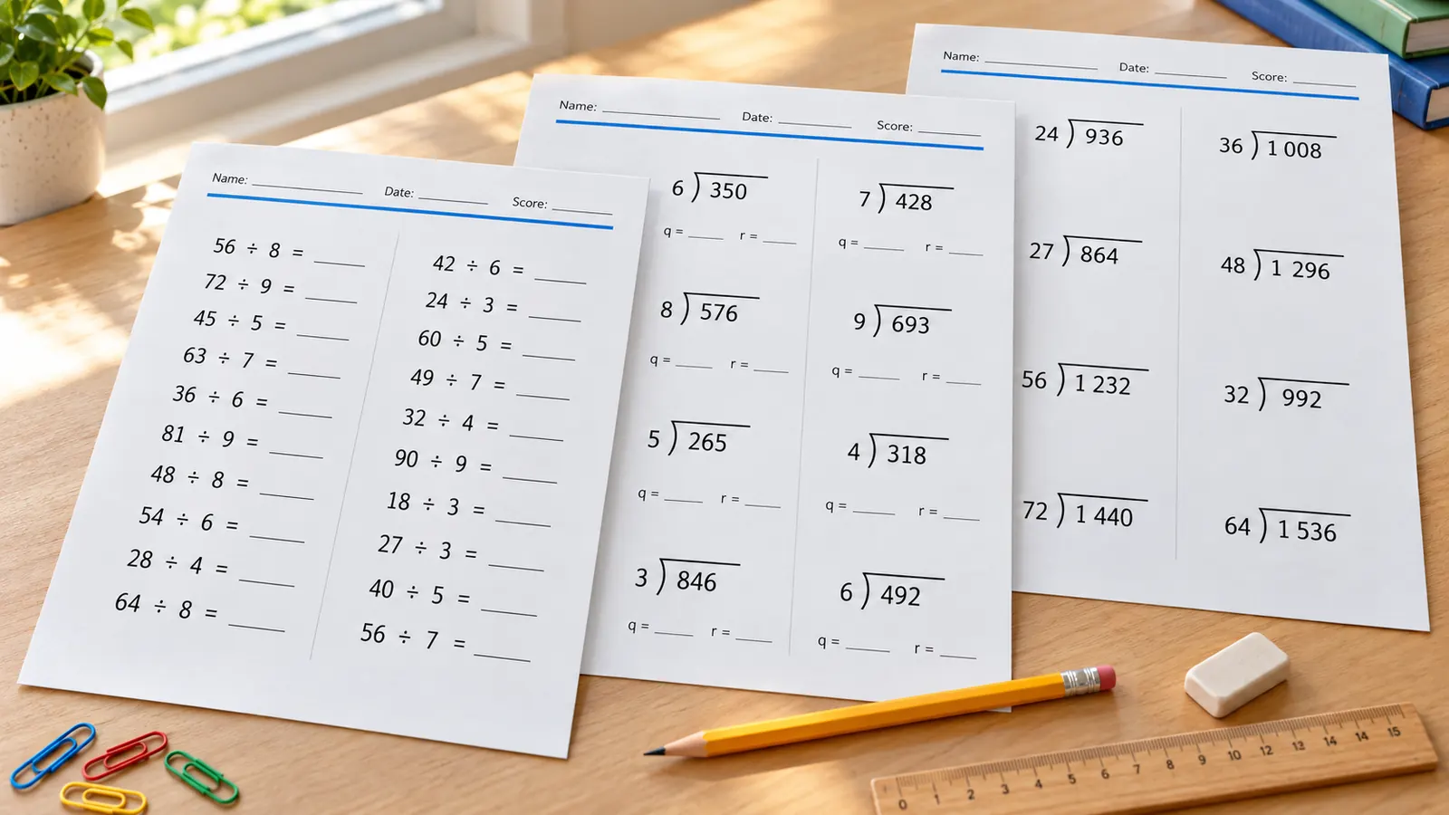 Division Arbeitsblatt in drei Stufen wie eine Treppe angeordnet: Geteilt-Aufgaben als Päckchen, Division mit Rest und schriftliche Division durch eine zweistellige Zahl