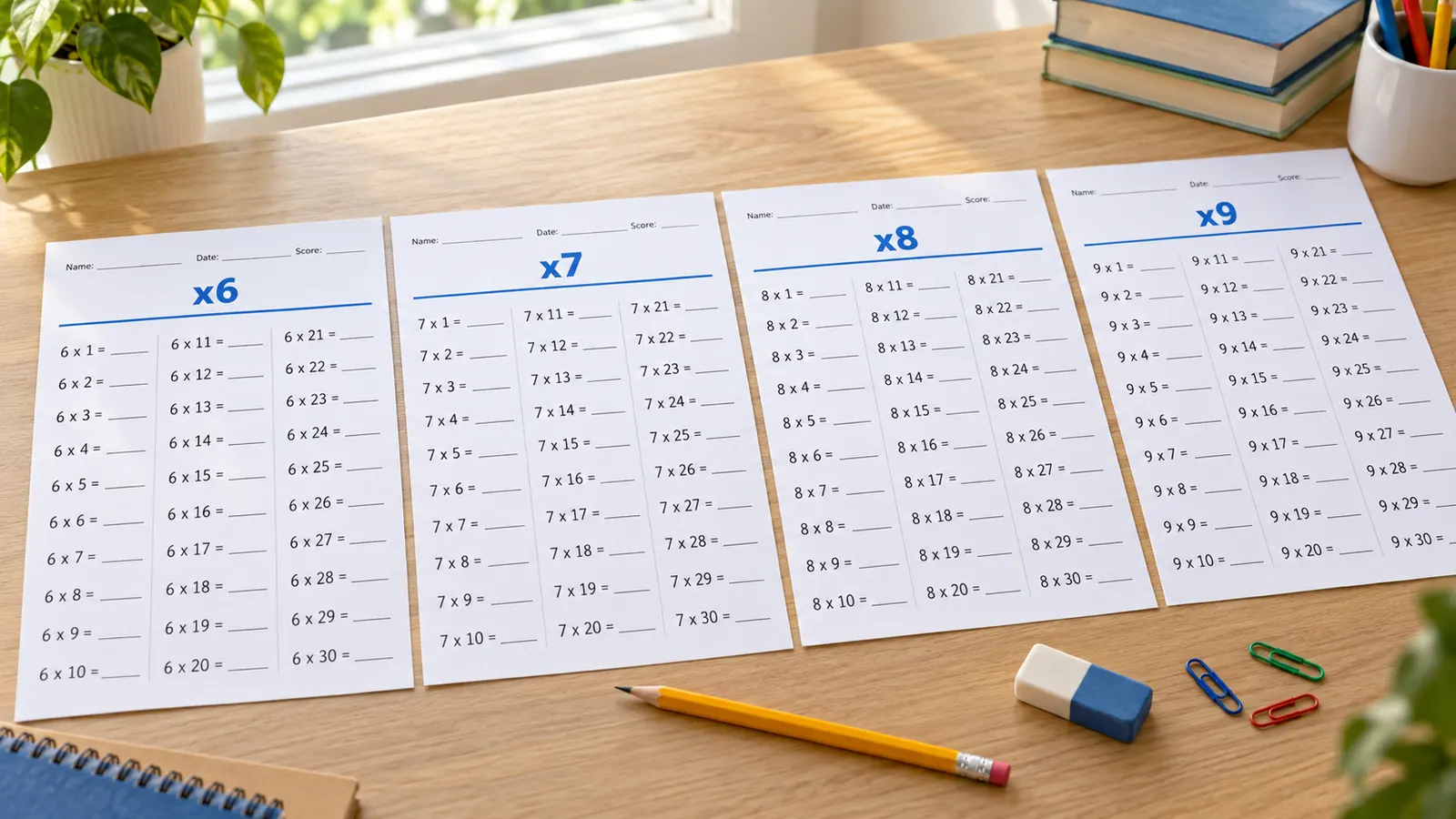 Vier Einmaleins Arbeitsblätter gedruckt auf einem Schreibtisch, jedes nur für eine Reihe: die 6er-, 7er-, 8er- und 9er-Reihe als Malaufgaben