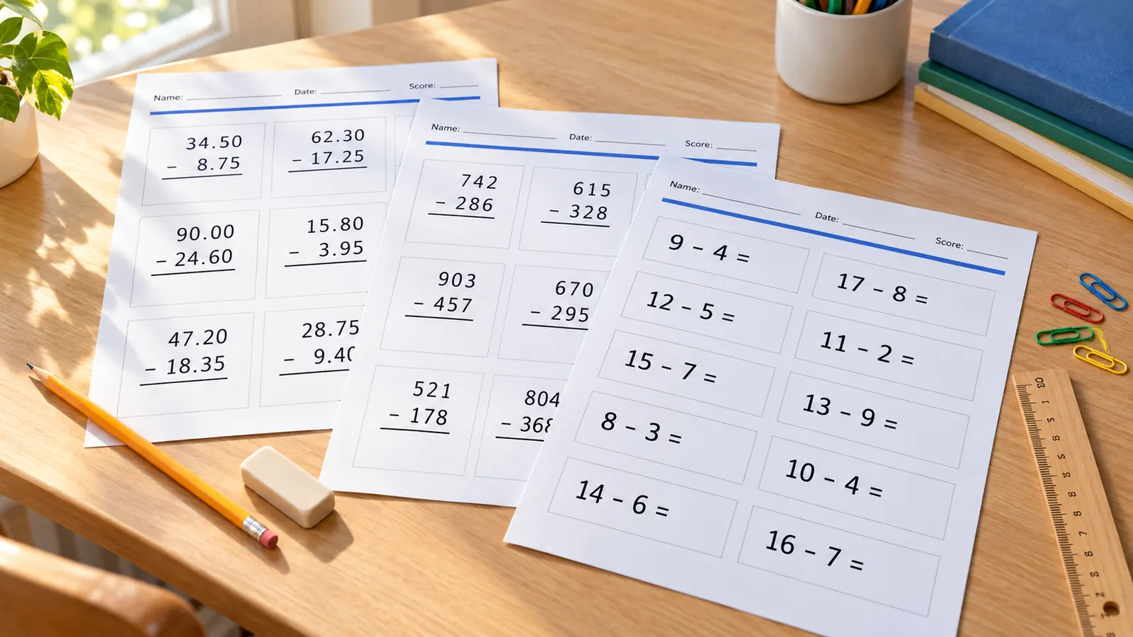 Schriftliche Subtraktion Arbeitsblatt in drei Stufen: einfache Aufgaben, dreistellige Aufgaben und Kommazahlen, fächerförmig auf einem Klassentisch