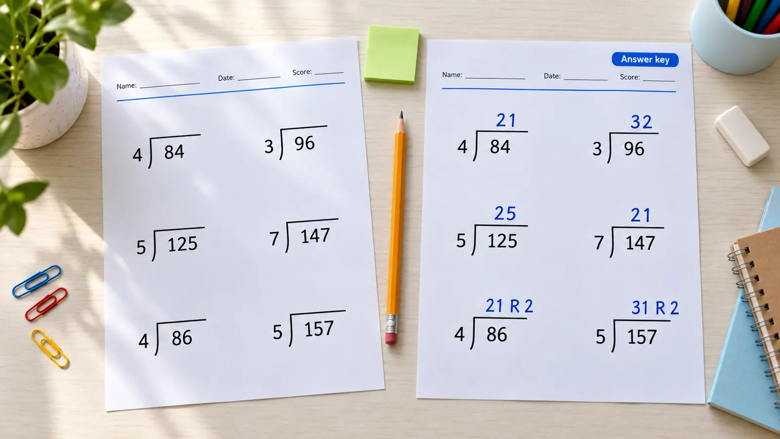 Mathe Arbeitsblätter erstellen: Arbeitsblatt neben dem Lösungsblatt mit blau eingetragenen Divisionsergebnissen