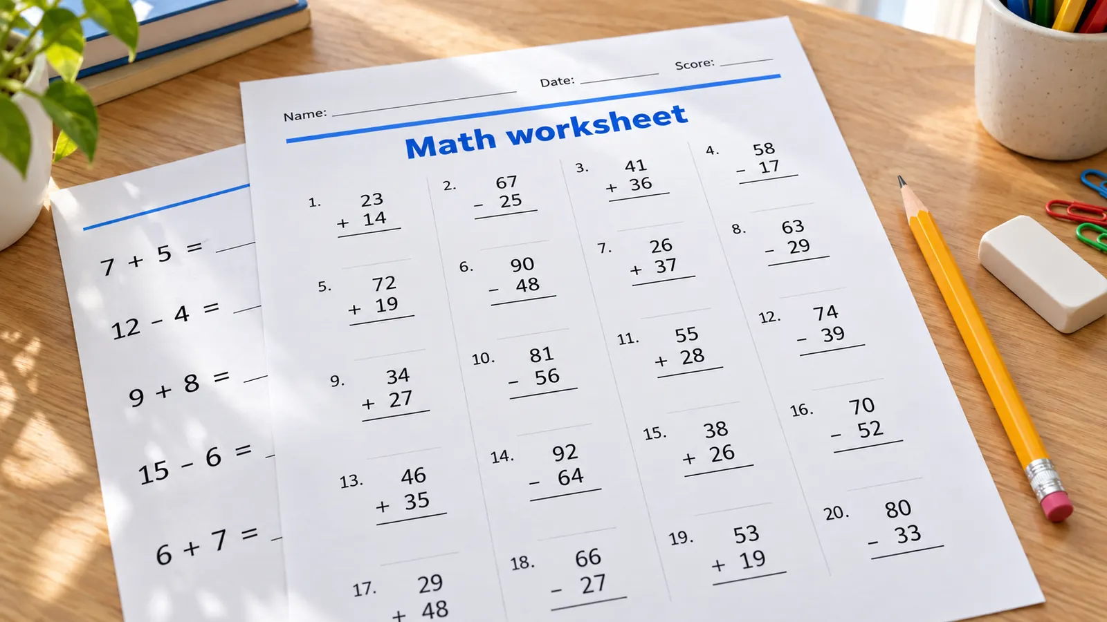 Mathe Arbeitsblätter erstellen: ausgedrucktes Arbeitsblatt mit 20 schriftlichen Plus- und Minusaufgaben für Klasse 2