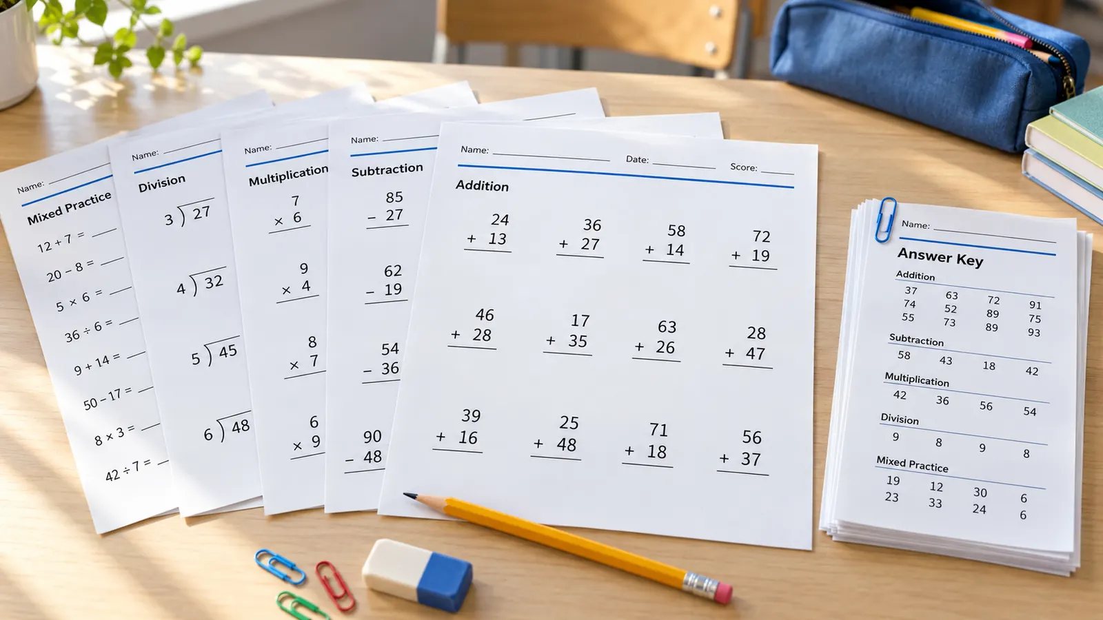 Mathe Arbeitsblätter erstellen: fünf verschiedene ausgedruckte Arbeitsblätter mit gemischten Rechenarten auf einem Schultisch
