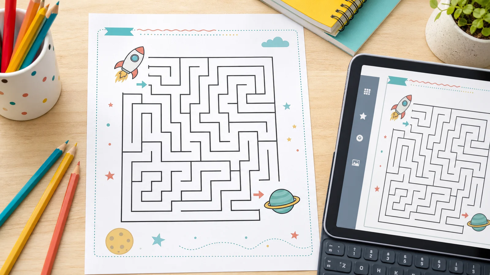 Maze Generator printable worksheet preview with a clean kids maze on paper