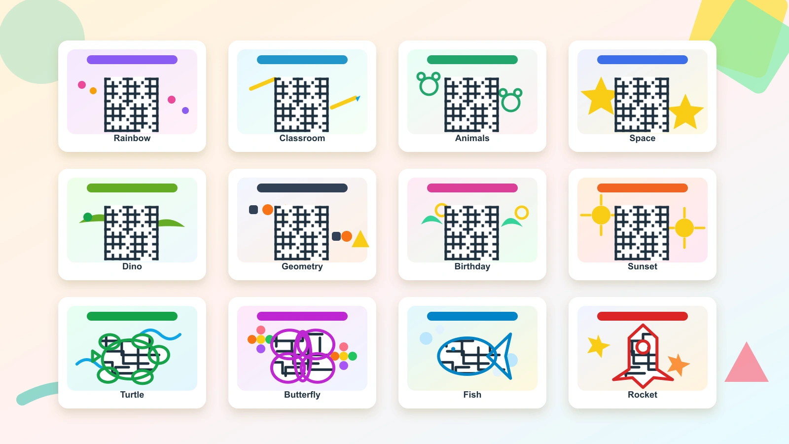 Maze Generator template library showing twelve colorful printable maze worksheet styles