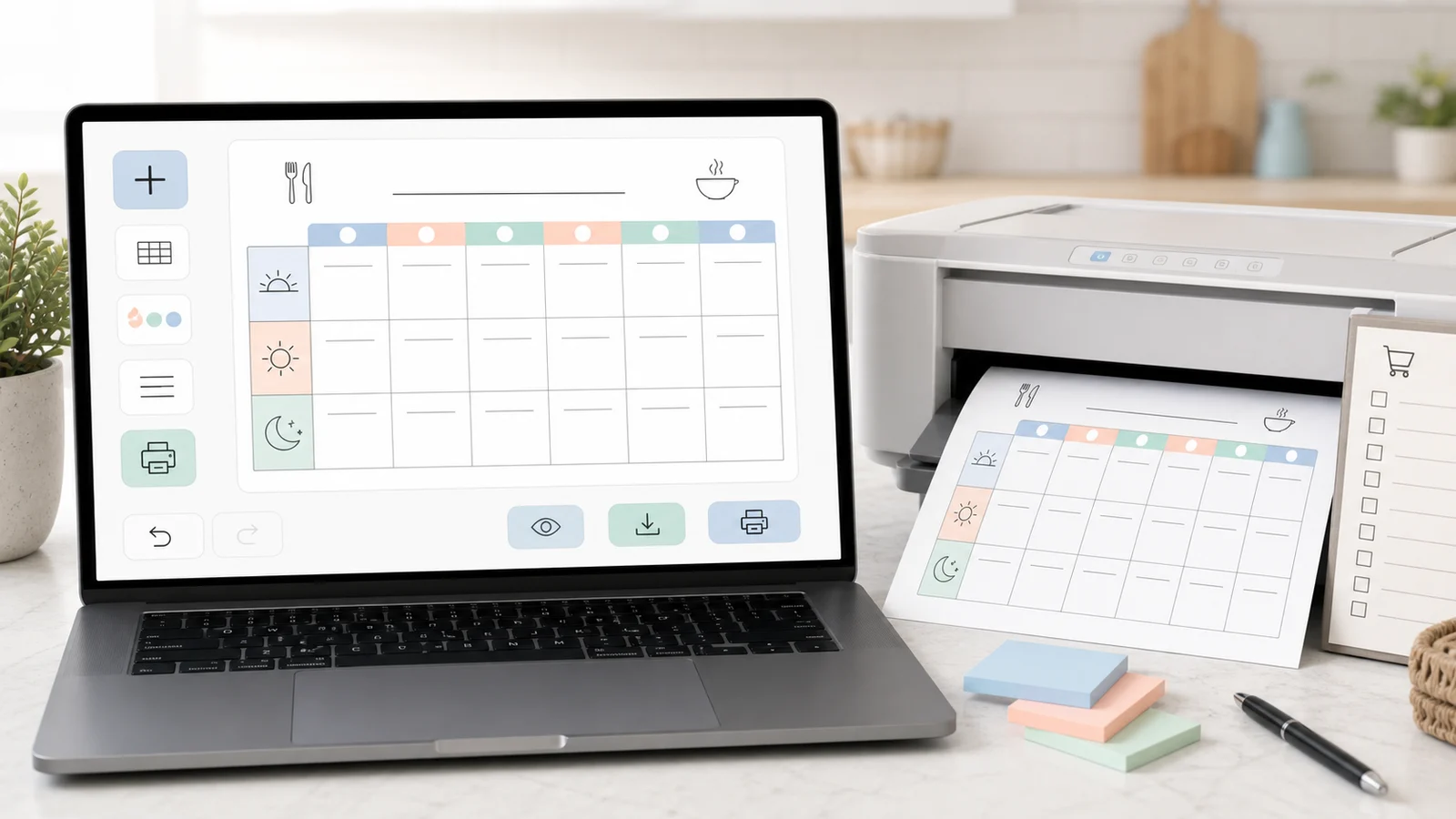 Meal Planner Maker printable meal planner template styles on a desk