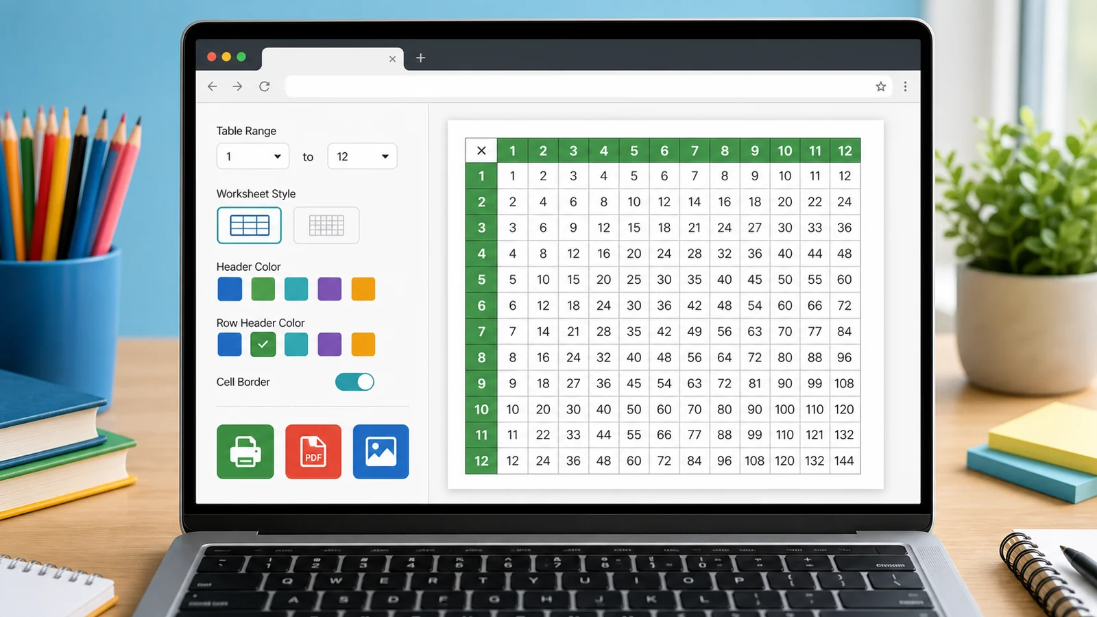 Multiplication Table Generator export buttons for print PDF and PNG in a browser
