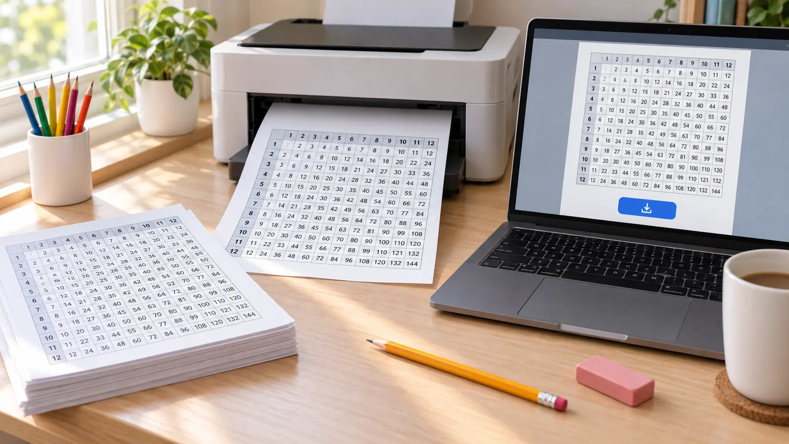 Einmaleins Tabelle in Schwarz-Weiß auf A4 gedruckt, daneben ein Button zum PDF-Download
