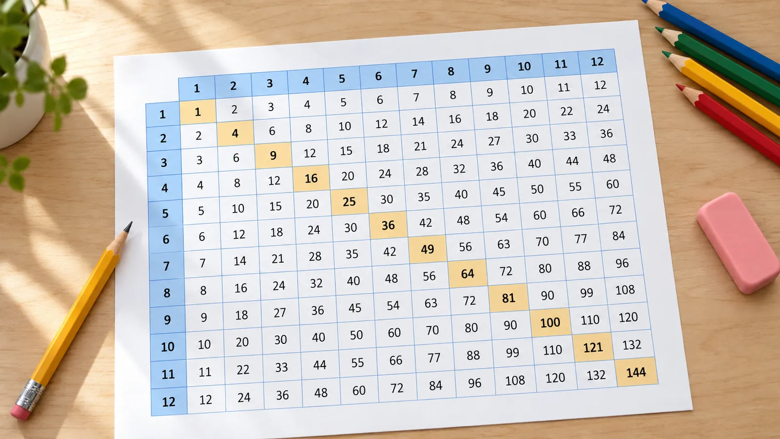 Einmaleins Tabelle 1–12 zum Ausdrucken auf einem Schulpult, Quadratzahlen farbig hervorgehoben