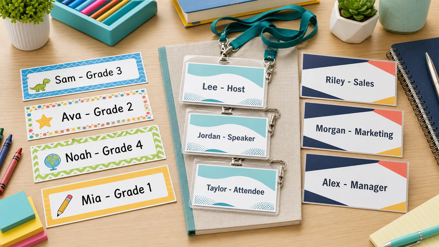 Finished Name Tag Maker printables used for classroom, event, and office name tags