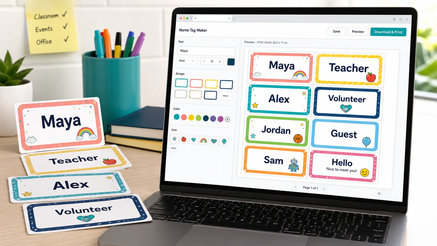 Name Tag Maker preview with colorful printable name tags and editable colors